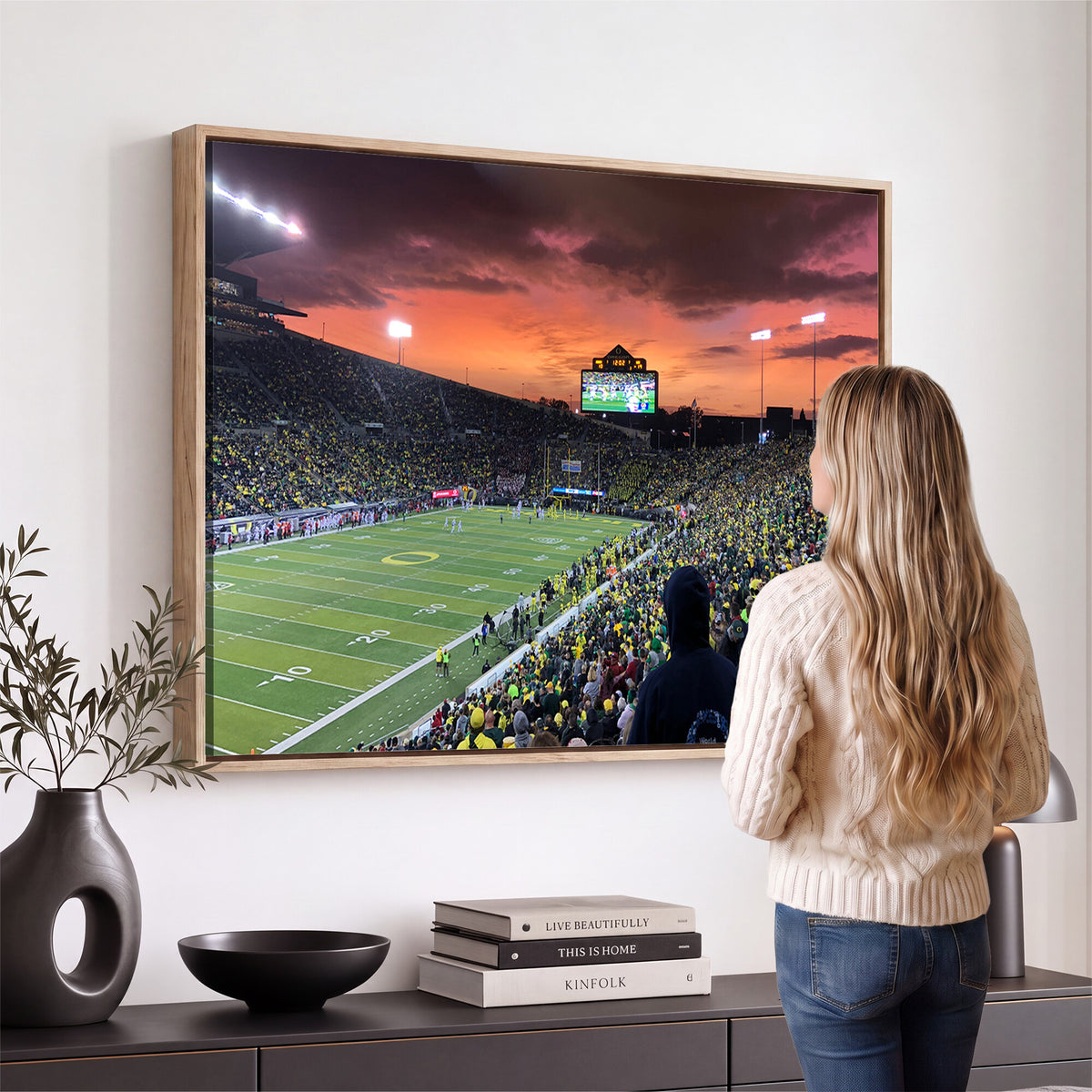 75065-PAN-FL-20X10 - Eugene Autzen Stadium Canvas Wall Art Print – Sunset Over Iconic Football Field Wall Decor for Home