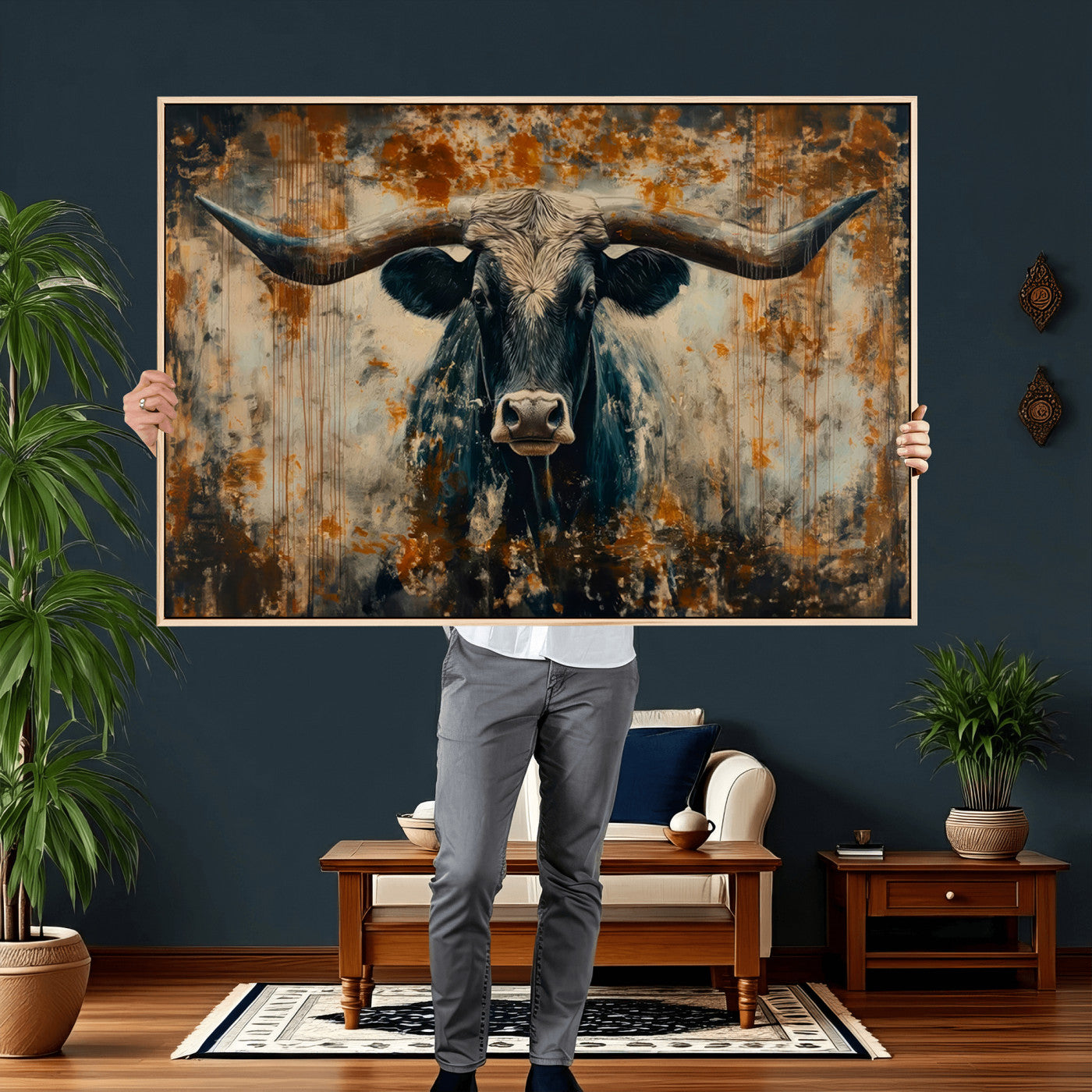 85913-MGV-CV-36X24 - Abstract Longhorn Bull Wall Art | Rustic Western Wall Decor | Framed and Ready to Hang | Ideal for