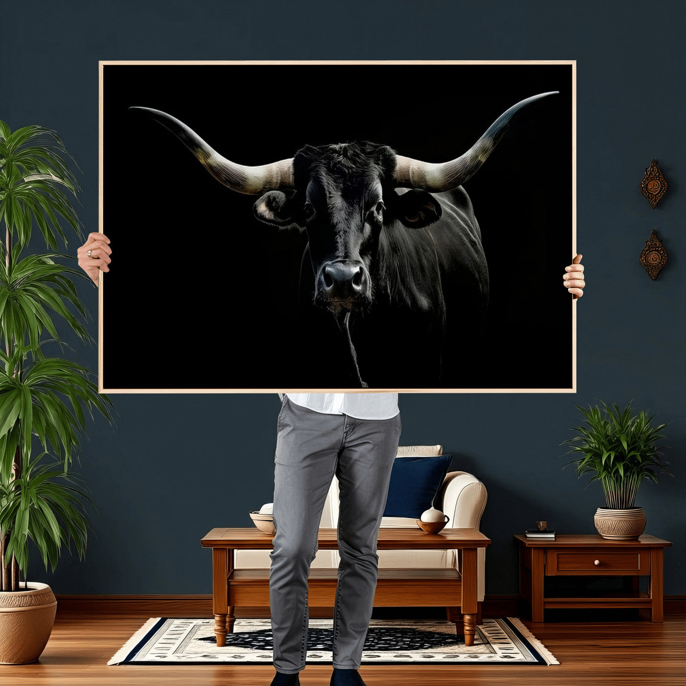 20679-MGV-CV-36X24 - Texas Black Longhorn Bull Wall Art Canvas Print - Western Texas Cattle Rustic Decor Print - Longhorn