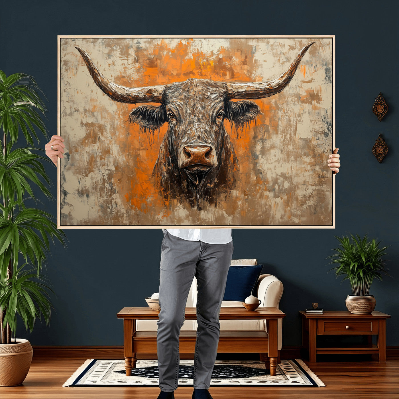 49976-MGV-CV-36X24 - Abstract Cow Longhorn Bull Wall Art Canvas Print - Rustic Texas Western Cattle Artwork