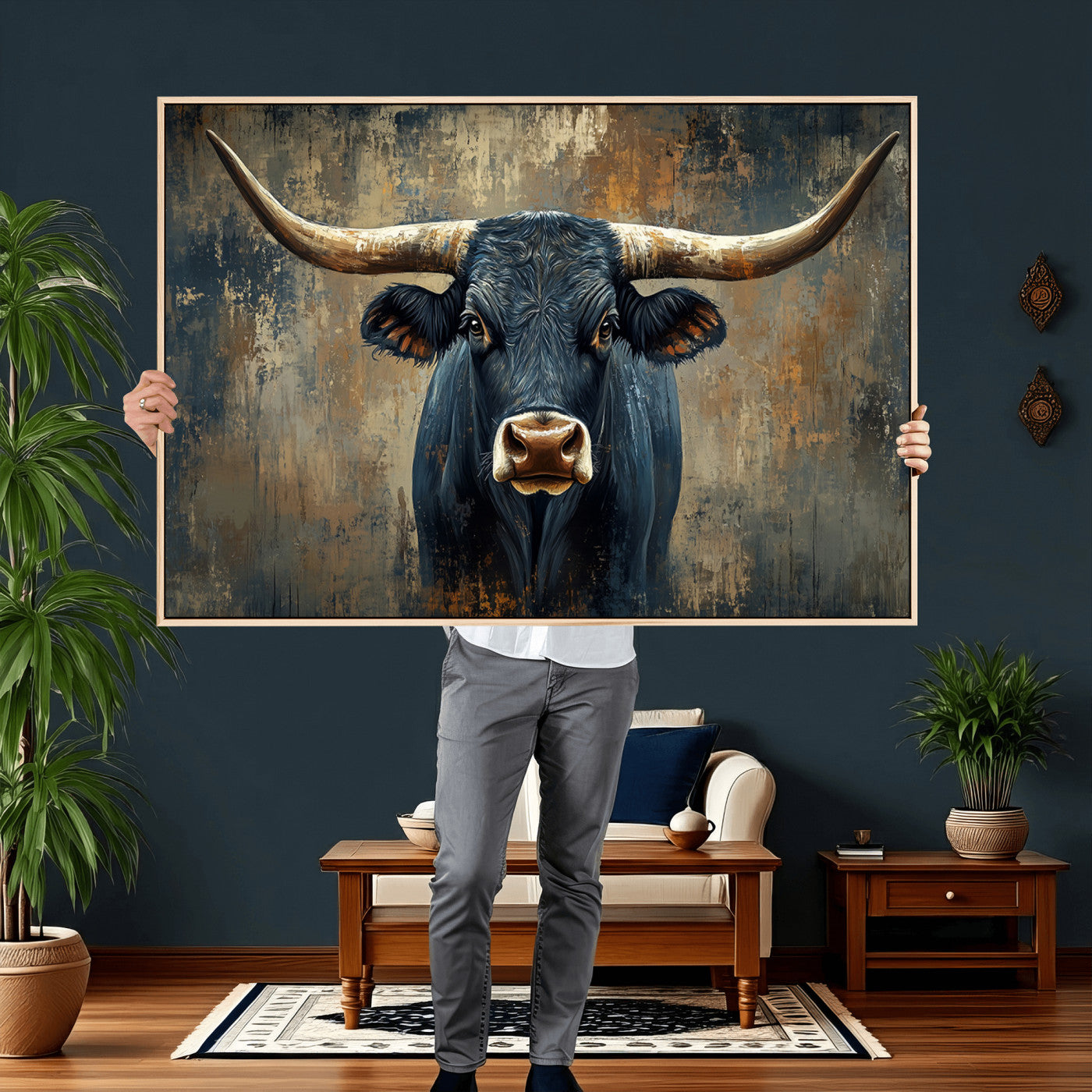 42026-MGV-CV-36X24 - Texas Western Wall Art Canvas Print - Abstract Cow Longhorn Bull Wall Art Canvas Print - Rustic Cow