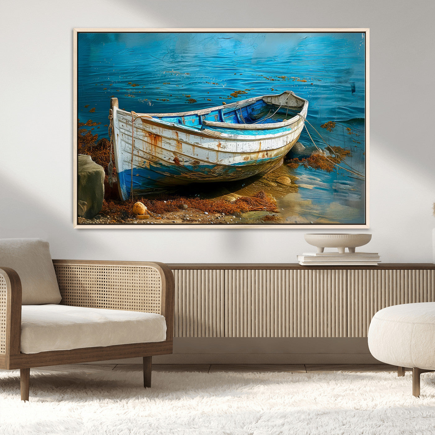 54716-MGV-CV-36X24-Vintage Boat on Tranquil Waters | Coastal Wall Art for Nautical Decor | Rustic Triptych Canvas Print