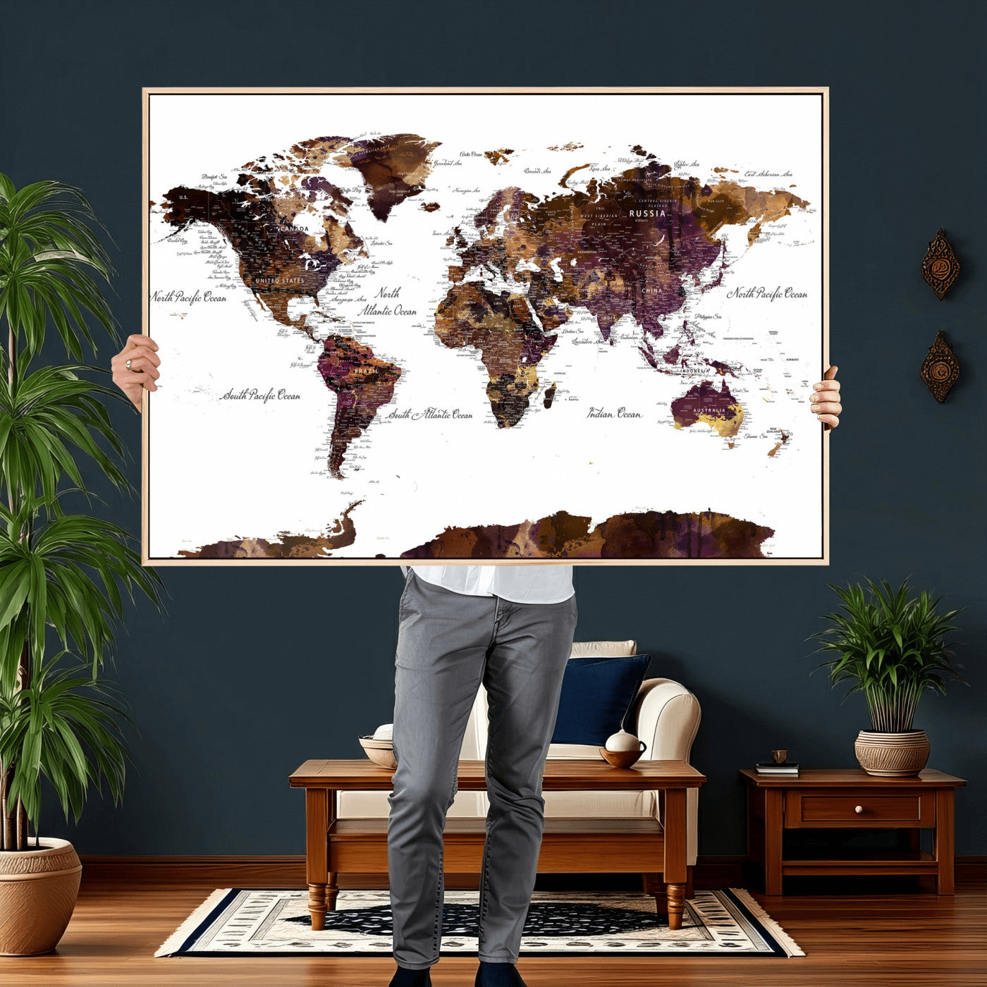 50611-MGV-CV-36X24 - Push Pin World Map Canvas Print – Framed Wall Art for Couples to Track Their Travels – Anniversary