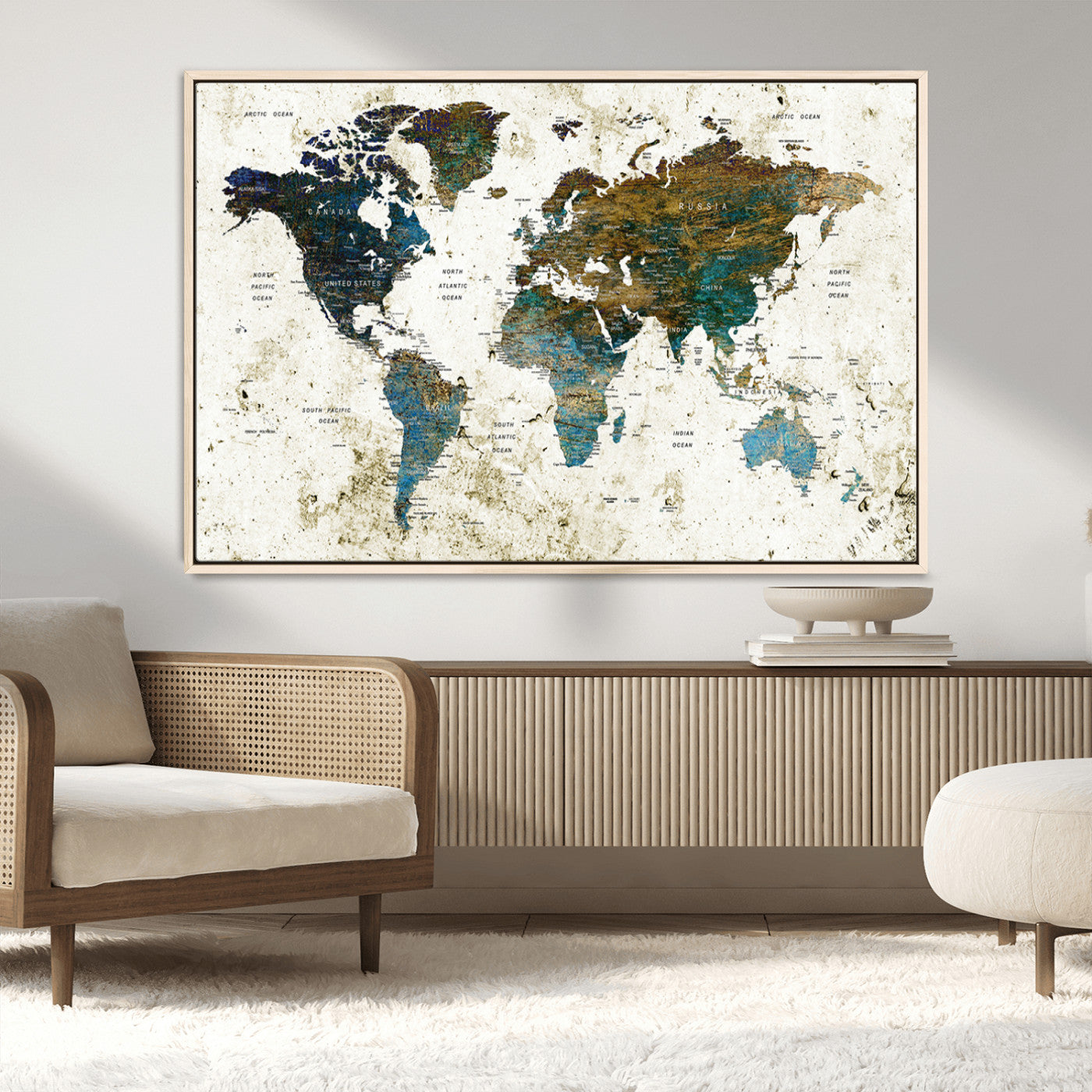 89176-MGV-CV-36X24-Vintage Blue and Brown World Map Canvas Wall Art – Framed Rustic Map Print, Earth Tone Travel Decor for Stylish Home and Office Walls