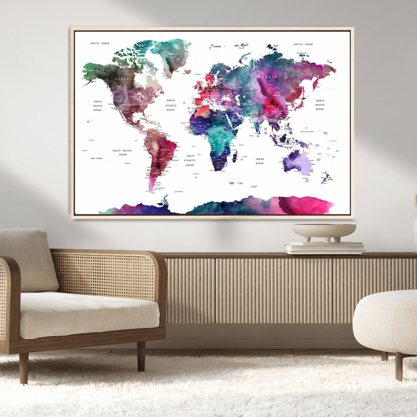 78176-MGV-CV-36X24-Colorful Watercolor World Map Canvas Wall Art – Framed Modern Map Print, Vibrant Travel Inspired Artwork for Home and Office Decor