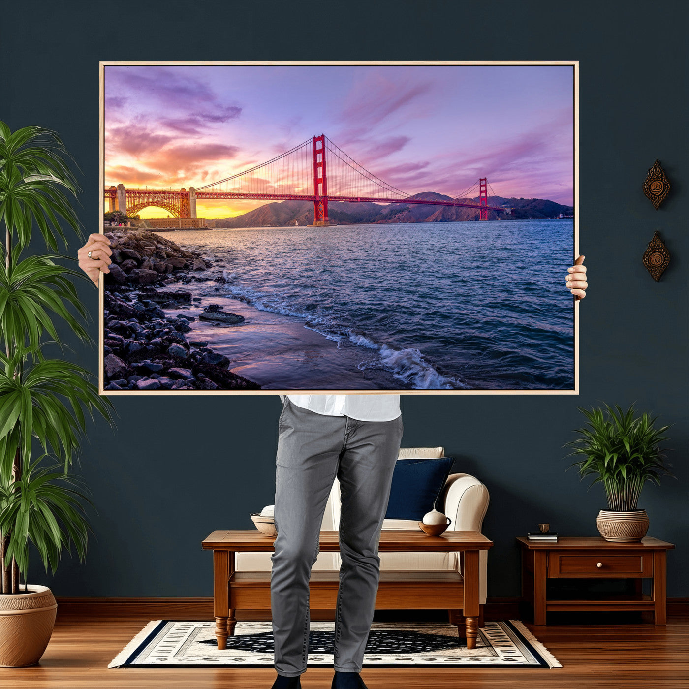 24256-MGV-CV-36X24 - Golden Gate Bridge Wall Art Print, San Francisco Sunset Canvas Wall Art, Cityscape Canvas Print for
