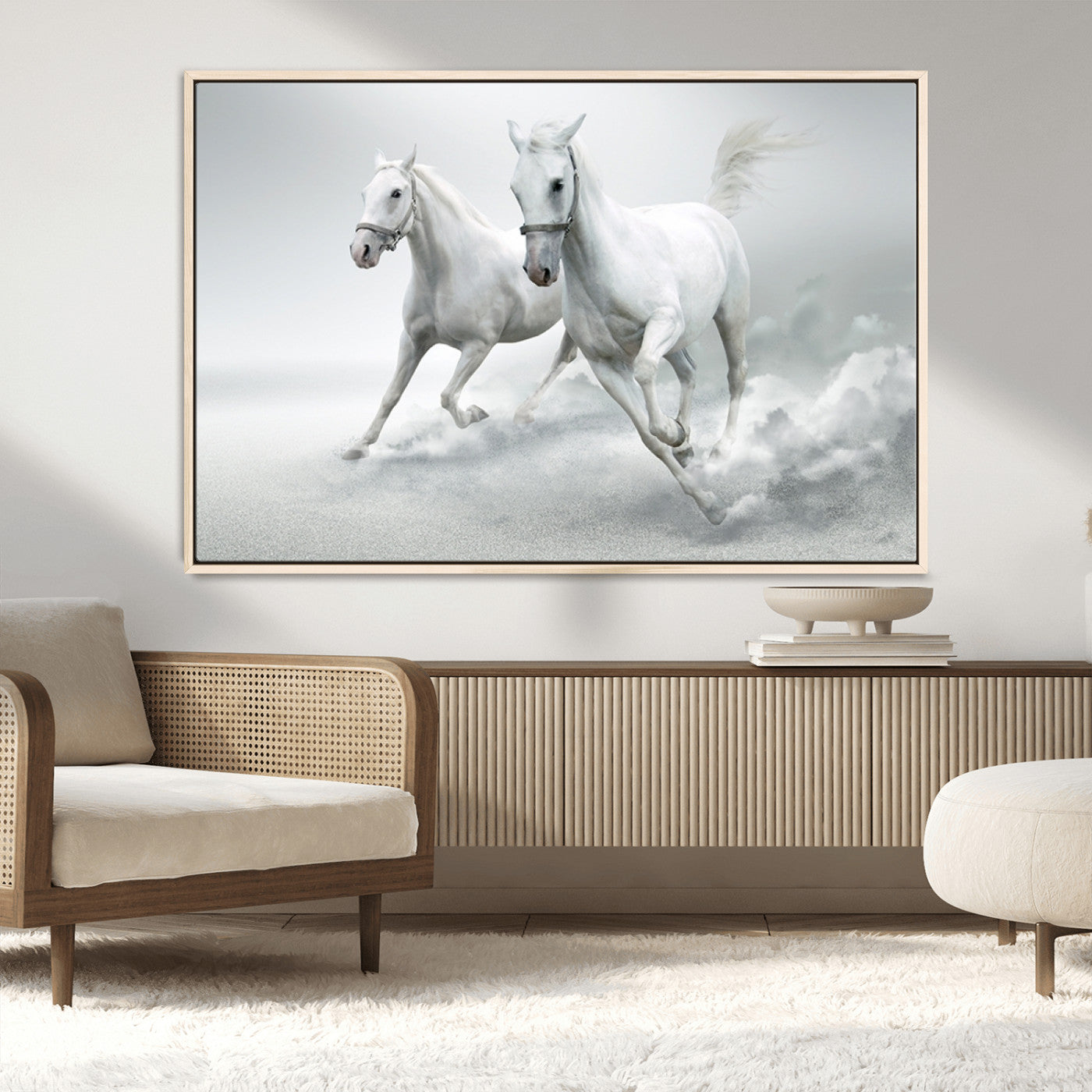 -Large Wall Art Canvas Print – Beautiful Running White Horses Animal Artwork for Home, Office, Living Room