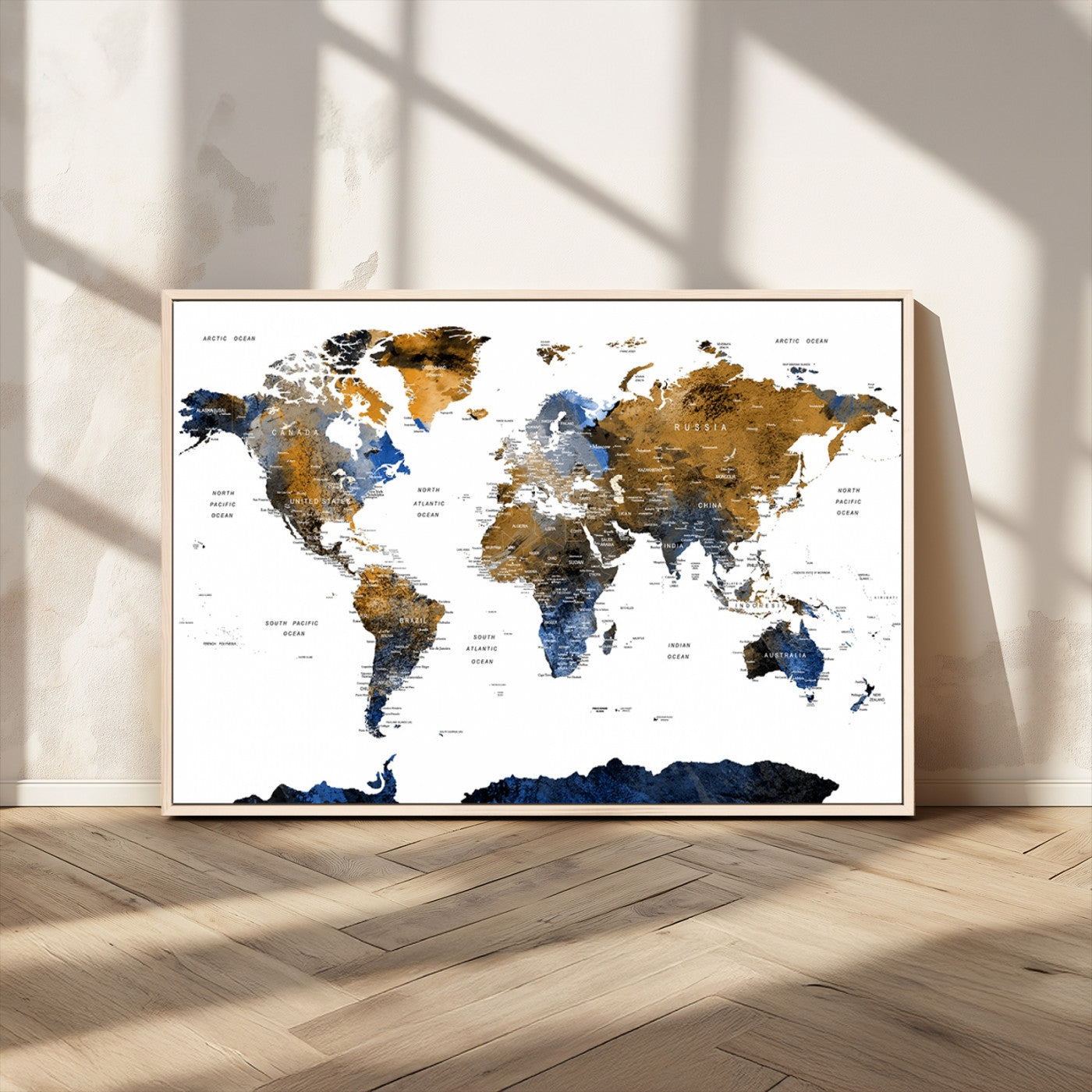 56231-MGV-CV-36X24-Navy and Gold World Map Canvas Wall Art – Framed Modern World Map Print, Elegant Travel Inspired Artwork for Home and Office Decor