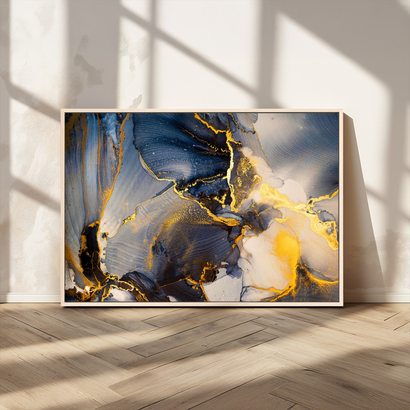 42100-MGV-CV-36X24-Large Abstract Wall Art Print - Gold and Blue Abstract Canvas Wall Art | Fluid Ink Modern Luxury