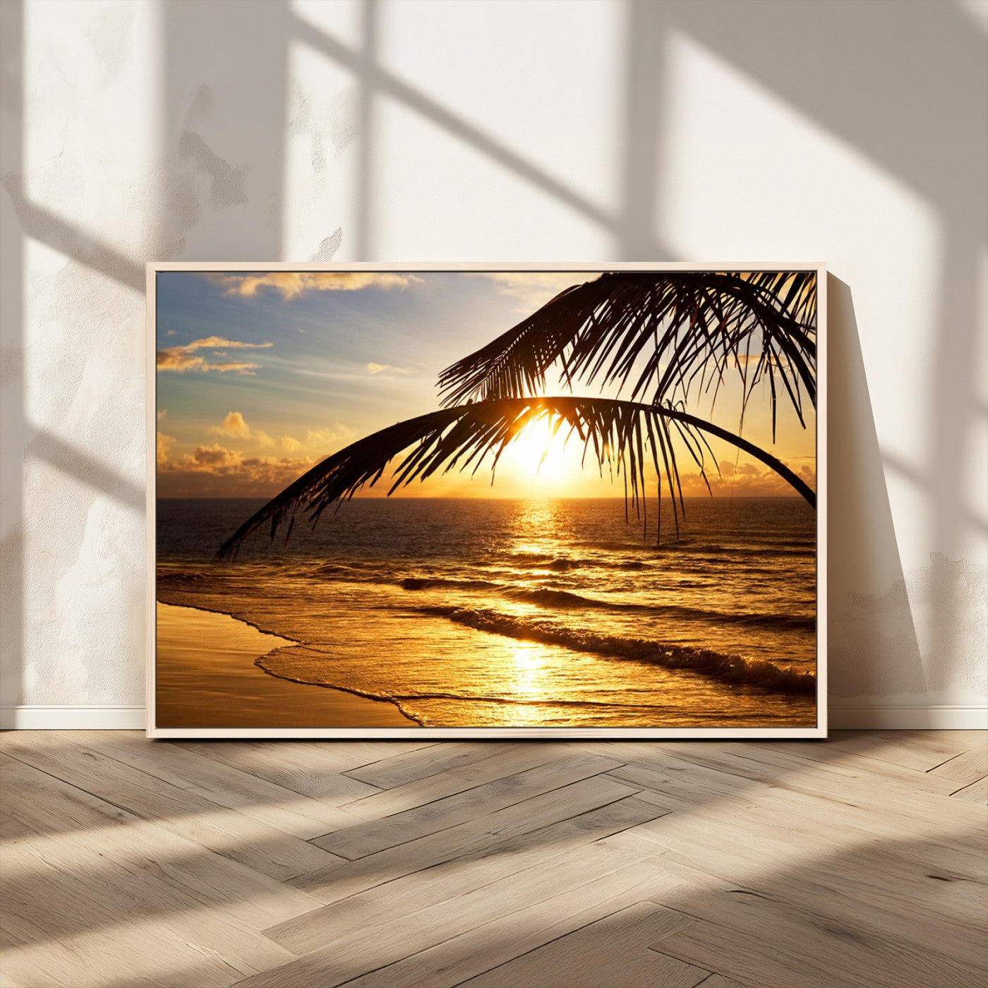 -Golden Tropical Beach Sunset Canvas Triptych, Coastal Palm Tree Wall Art, Ocean Shoreline Giclee