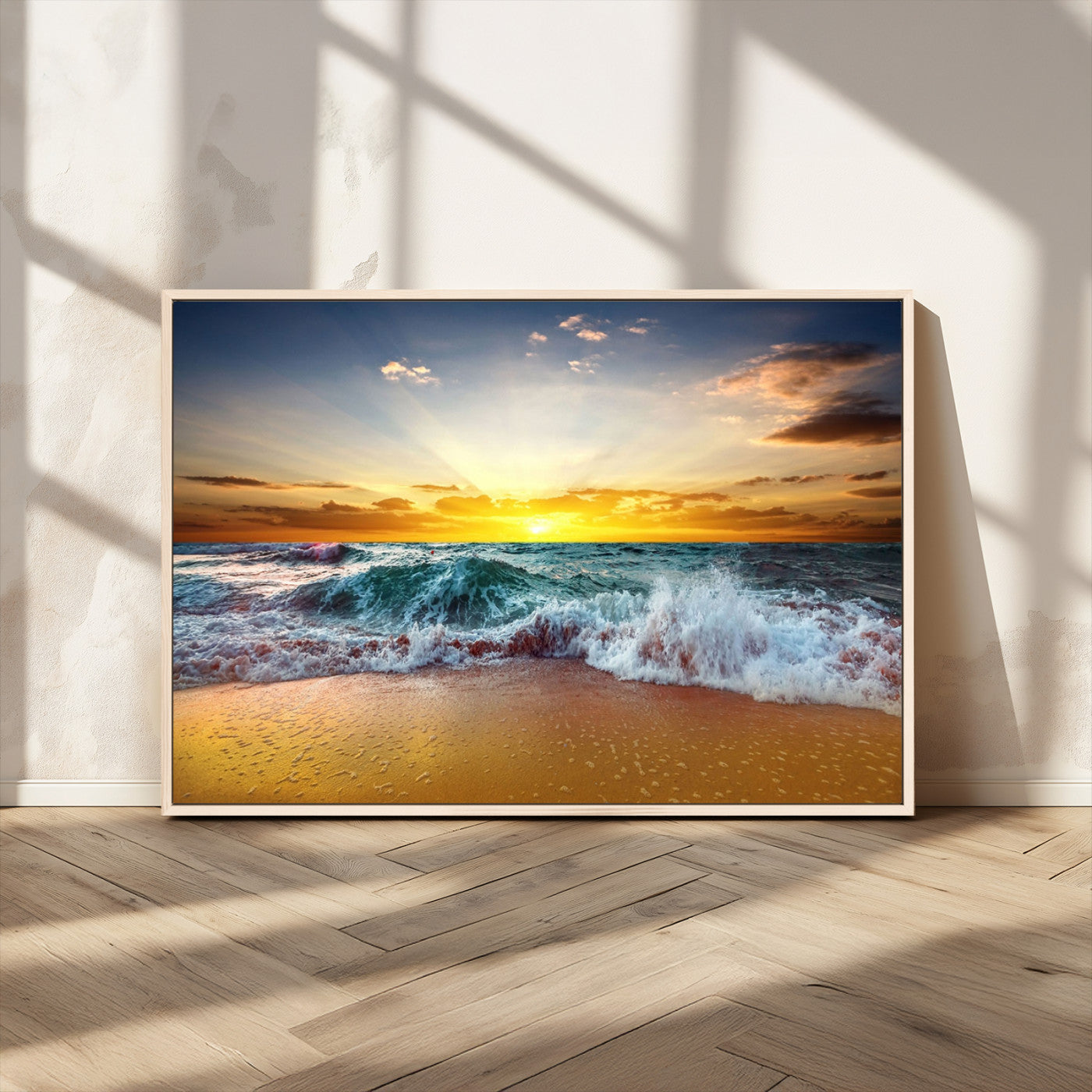 -Golden Sunset Ocean Waves Wall Art Canvas Print – Multi Panel Beach Canvas Print Set – Large Coastal