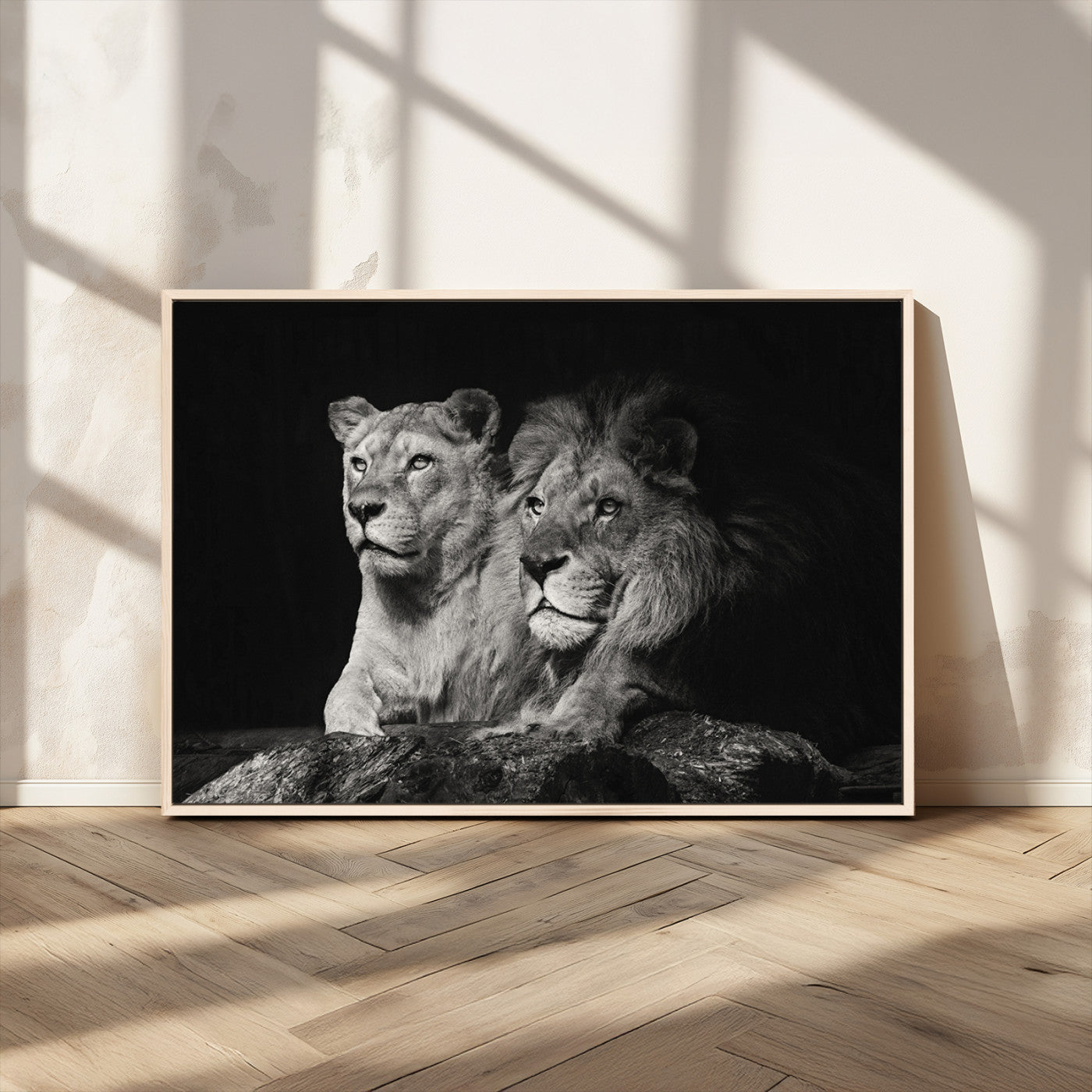 -Lion Couple Wall Art Canvas Print – Elegant Black and White Wildlife Portrait Lion Family Artwork for Home, Office