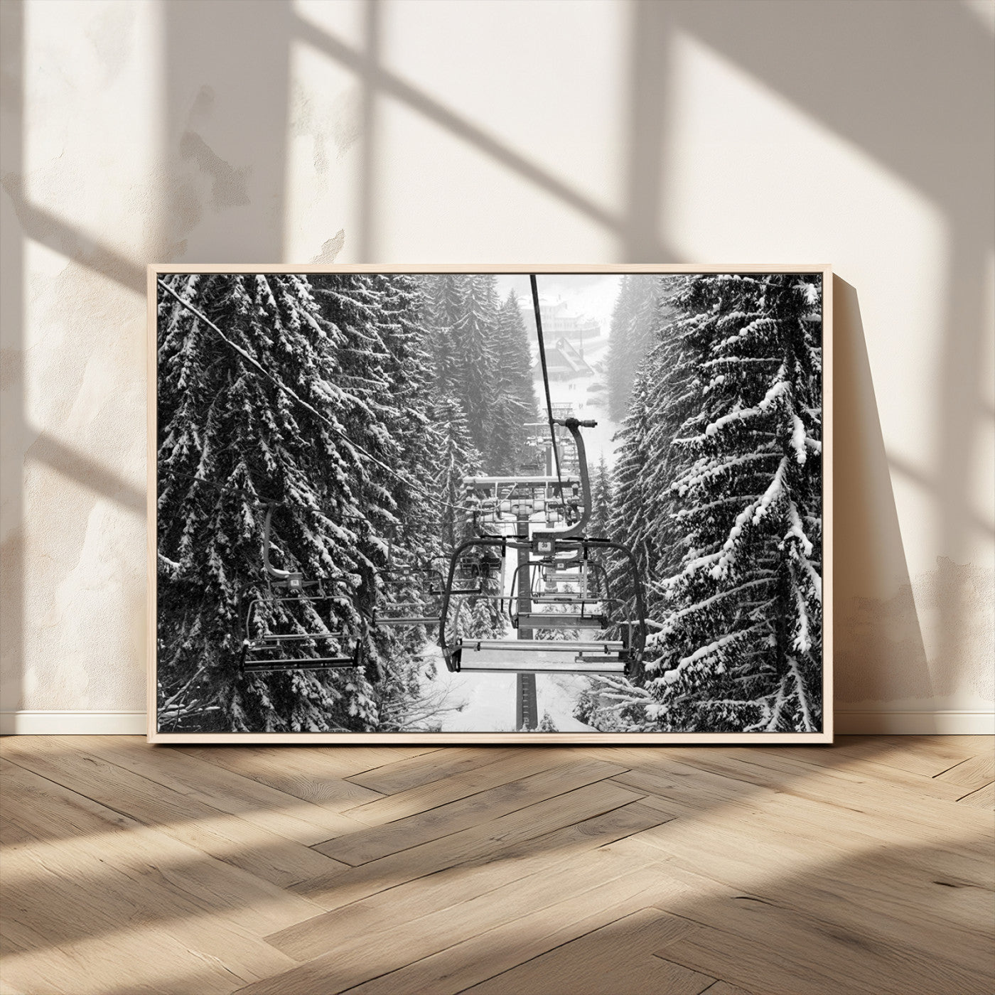 19240-MGV-CV-36X24-Winter Ski Lift Black and White Canvas Wall Art – Alpine Escape in Minimalist Style – Winter Ski