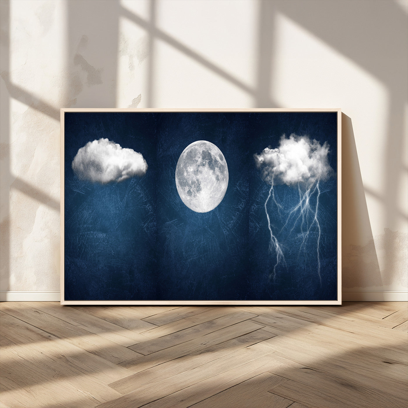 96569-MGV-CV-36X24-Dark Blue Cloud Art, 3 Piece Indigo Blue Wall Art, Aesthetic Surreal Art, Thunderstorm Moon Cloud