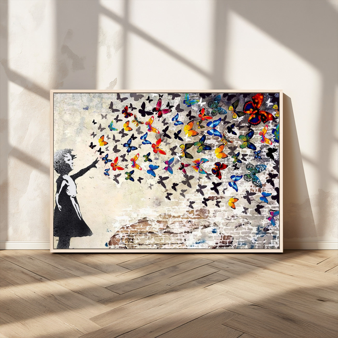 97895-MGV-CV-36X24-Banksy Graffiti Wall Art Canvas Print: Girl Releasing Vibrant Butterflies – Ready to Hang