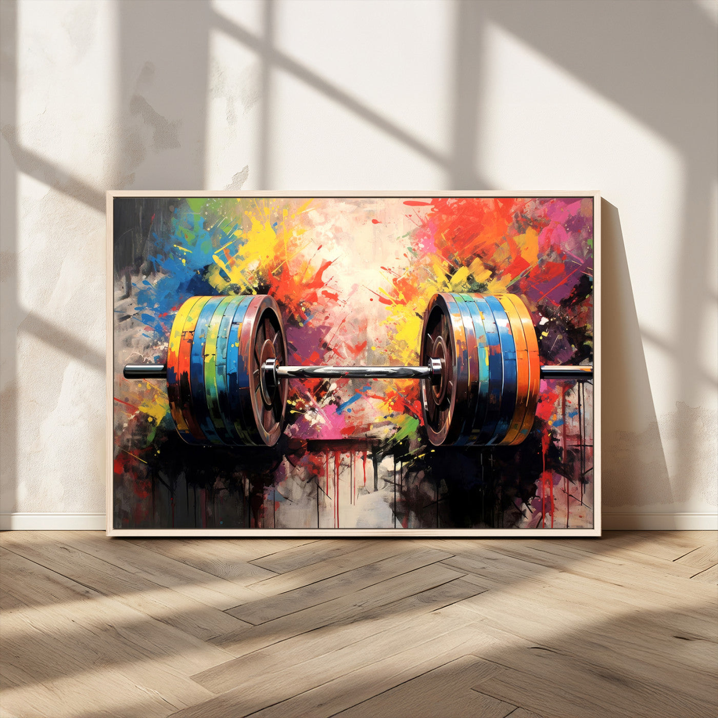 80436-MGV-CV-36X24-Weightlifting Barbell Art Triptych, Bold Abstract Fitness Wall Decor for Gym or Home, Giclee Canvas