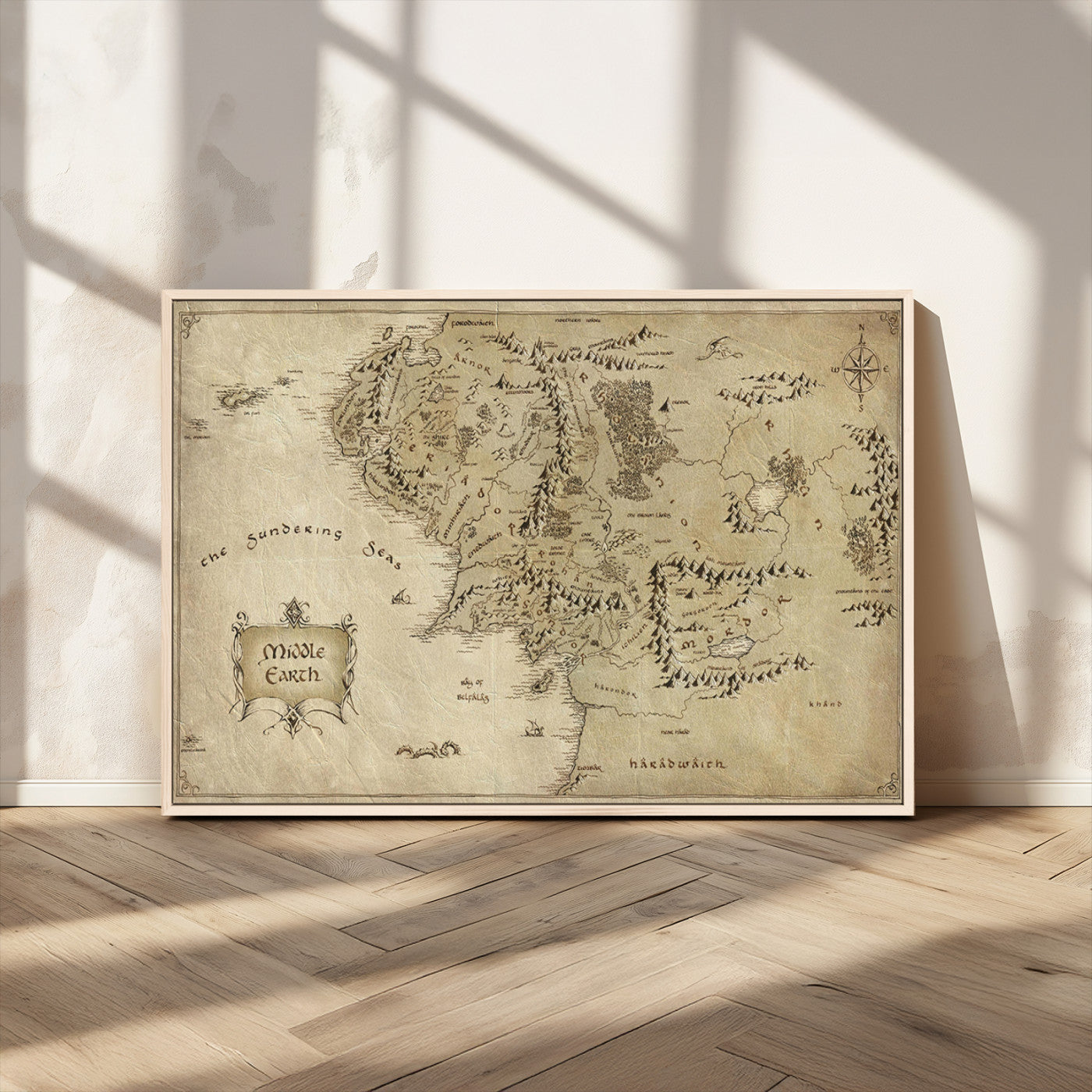 21784-MGV-CV-36X24-Vintage Middle Earth Map Wall Art Canvas – Lord of the Rings Inspired Framed Map Print, Classic Fantasy Decor for Home, Office