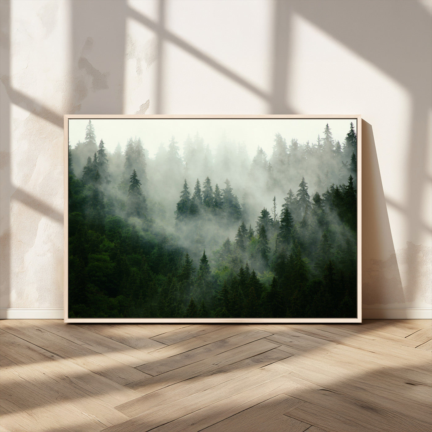167720496-MGV-CV-36X24-Foggy Forest Wall Art – Tranquil Green Woodland Canvas Print, Serene Nature Landscape Decor for Home or Office