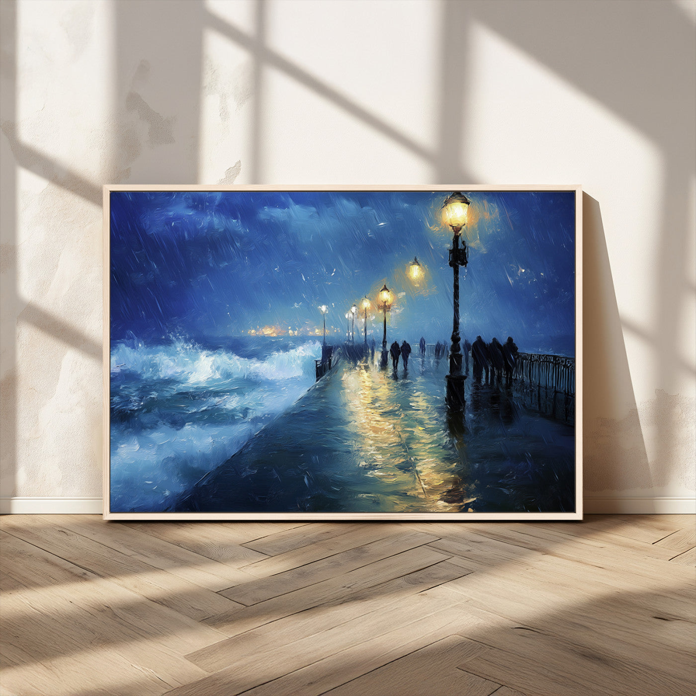 94571-MGV-CV-36X24-Storm Ocean Pier Canvas Wall Art Print - Large Moody Night Scene Print, Seaside Wall Decor