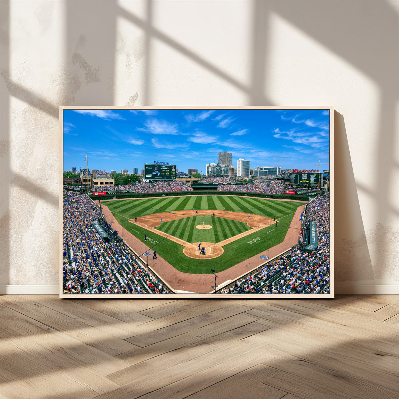 26064-MGV-FC-36X24_Natural-Framed Wrigley Field Chicago Cubs Canvas Print – Panoramic Multi-Piece Iconic Baseball Stadium Wall Art for Home, Office