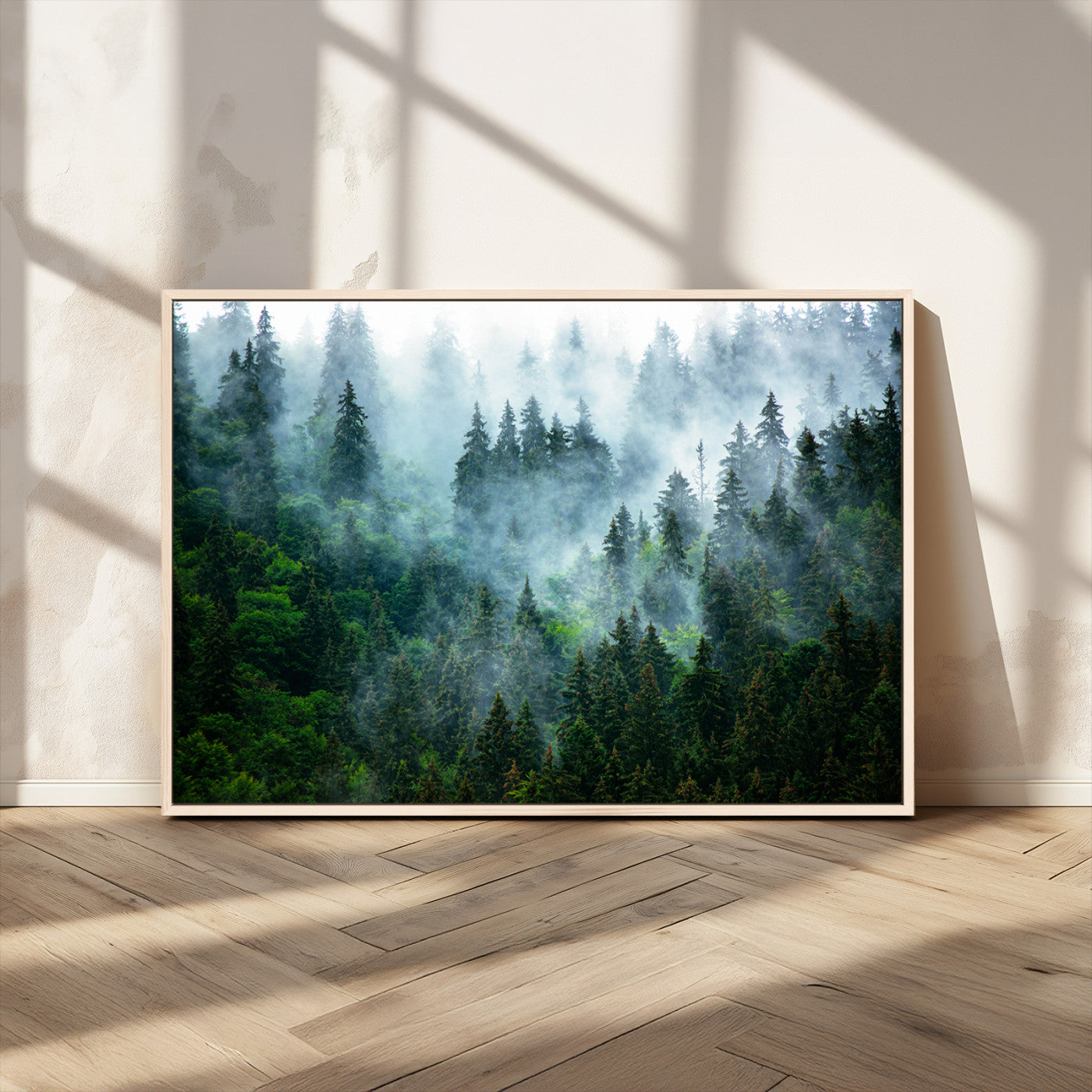 17393683-MGV-CV-36X24-Misty Forest Wall Art Canvas Print – Framed Foggy Mountain Scene with Serene Nature Artwork for Home, Office, Living Room