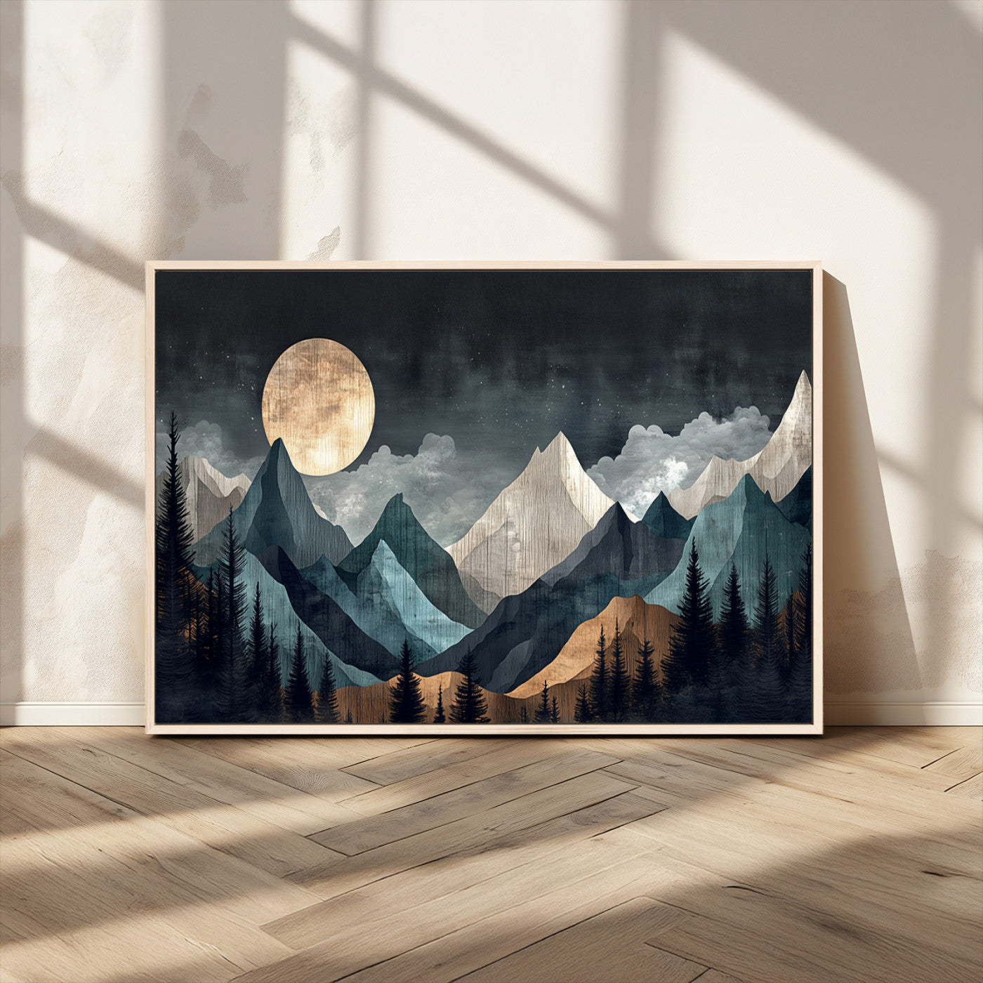 11060882-MGV-CV-36X24-Moonlit Mountain Wall Art Canvas Print – Silhouetted Pines Layered Peaks Tranquil Sky Mist Silver Light Nature Artwork for Home