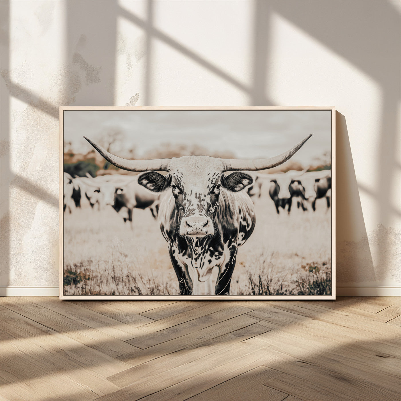27497342-MGV-CV-36X24-Texas Longhorn Wall Art Canvas Print – Framed Speckled Bull Horned Cattle Rustic Western Artwork for Home Office