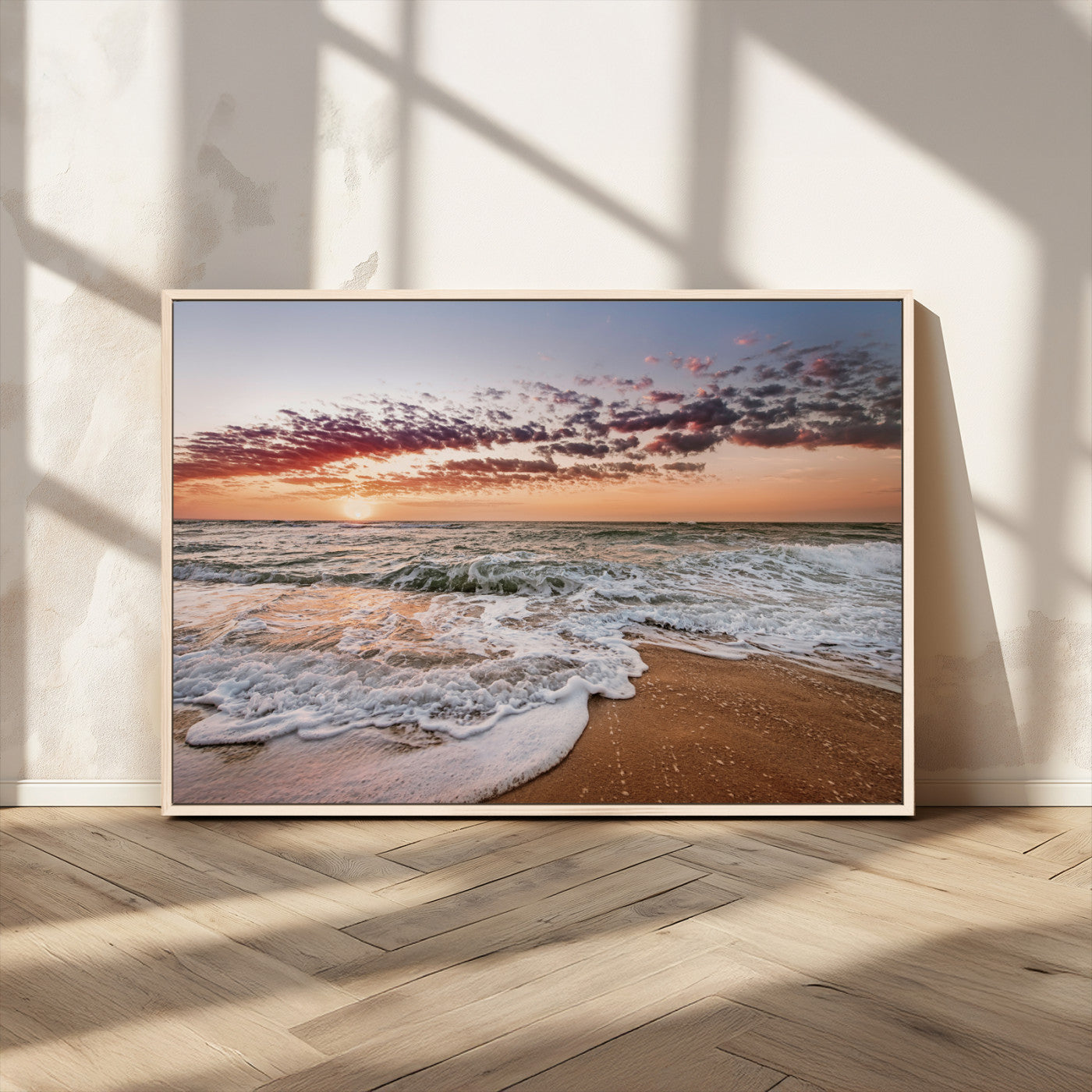 39846389-MGV-CV-36X24-Ocean Sunset Wall Art Canvas Print – Framed Sandy Shore Gentle Waves Coastal Landscape Minimalist Artwork for Home, Office