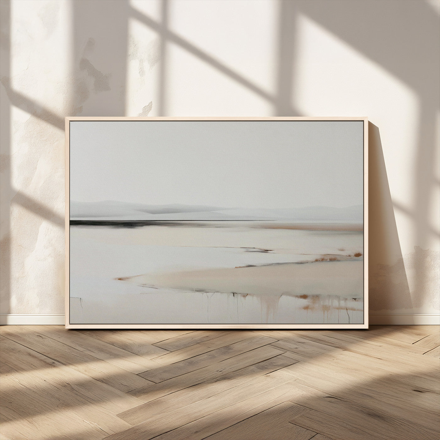 89410095-MGV-CV-36X24-Minimalist Landscape Wall Art Canvas Print – Framed Soft Horizon Abstract Seascape Earthy Tones Artwork for Home Office
