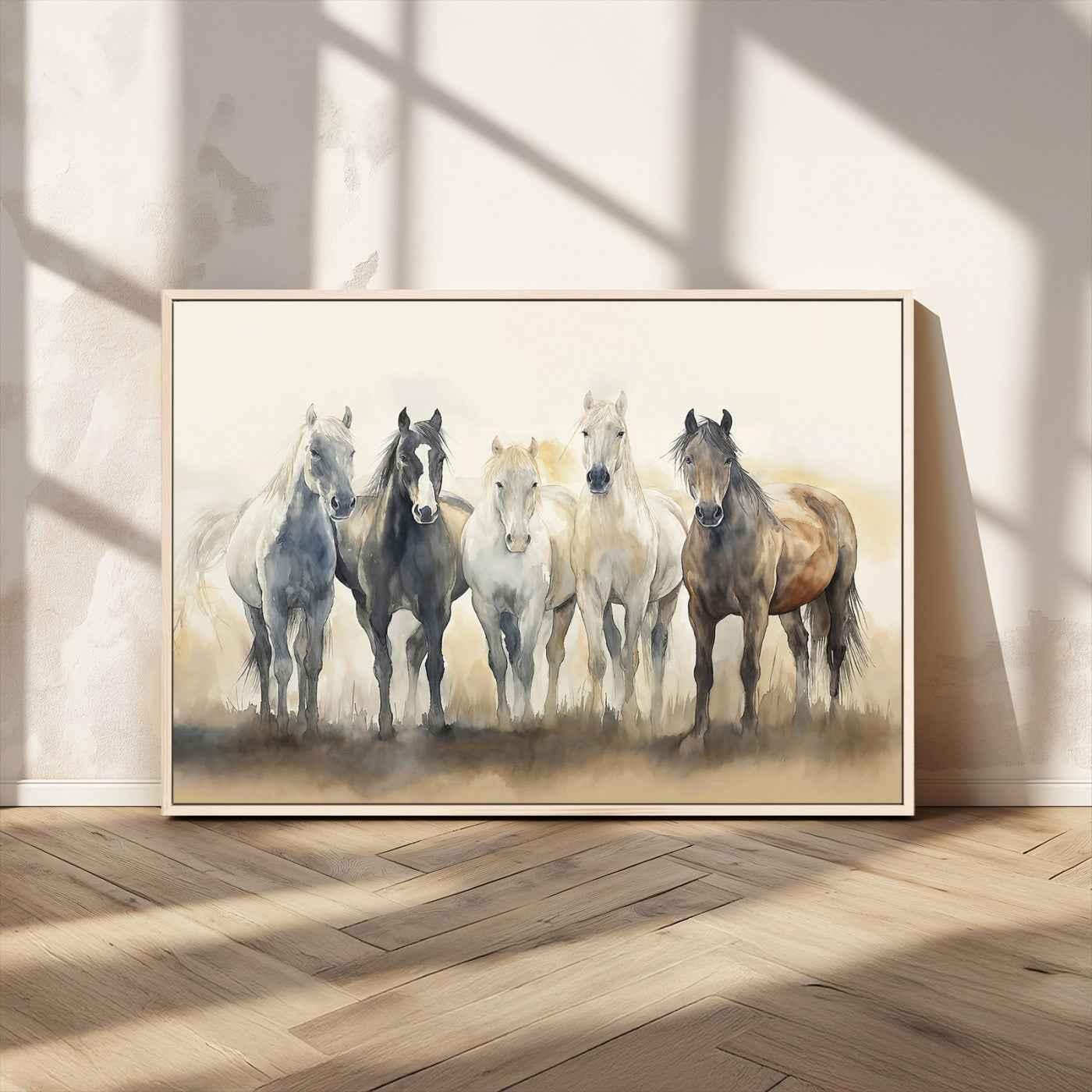 MGV-FC-36X24 - Wild Horses Wall Art Canvas Print, Framed Running Horses Art Picture Print, Watercolor Horses Perfect Rustic Western Decor Artwork