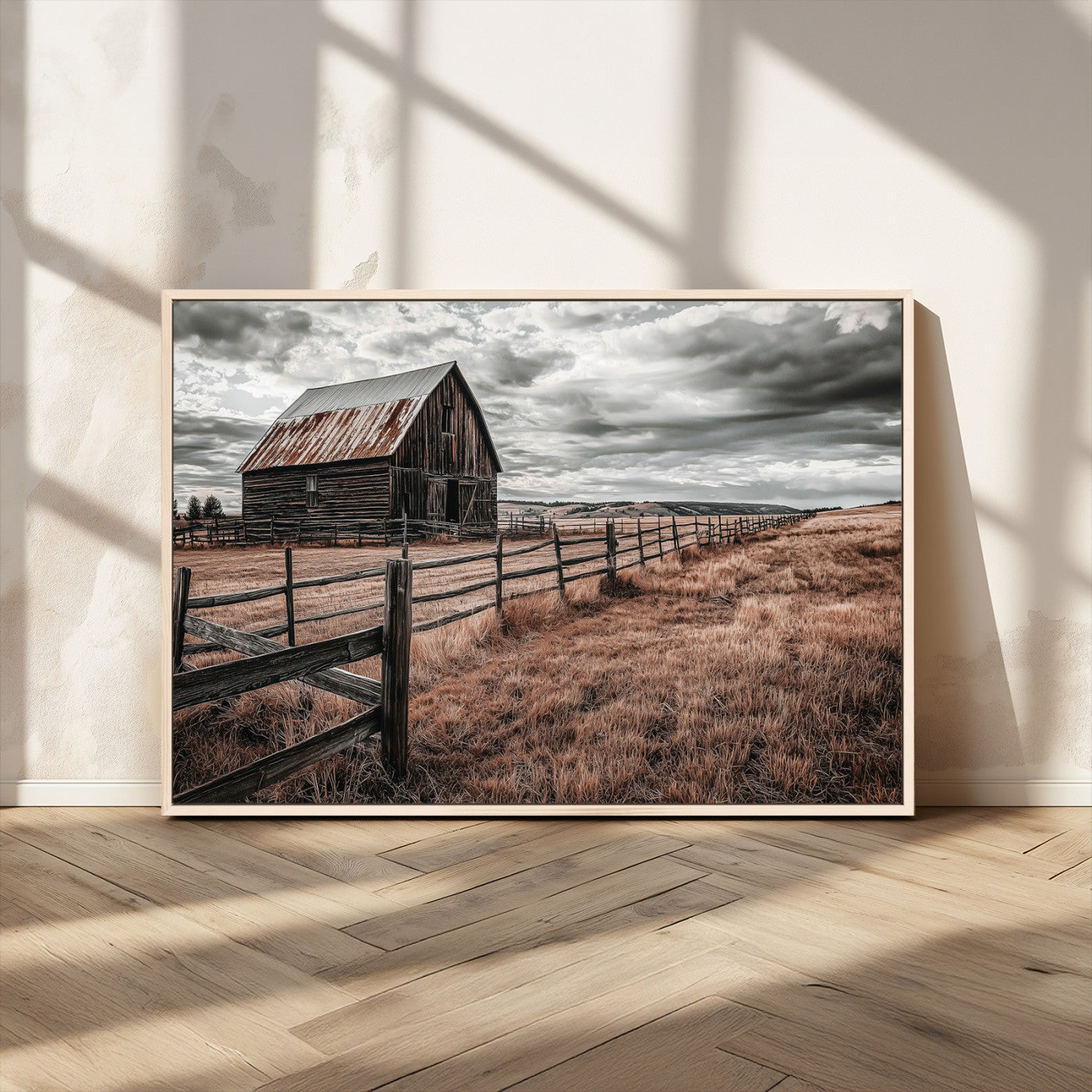73898372-MGV-FC-36X24_Natural-Rustic Barn Wall Art Canvas Print – Framed Moody Field Scene with Weathered Fence Artwork for Home, Office, Living Room
