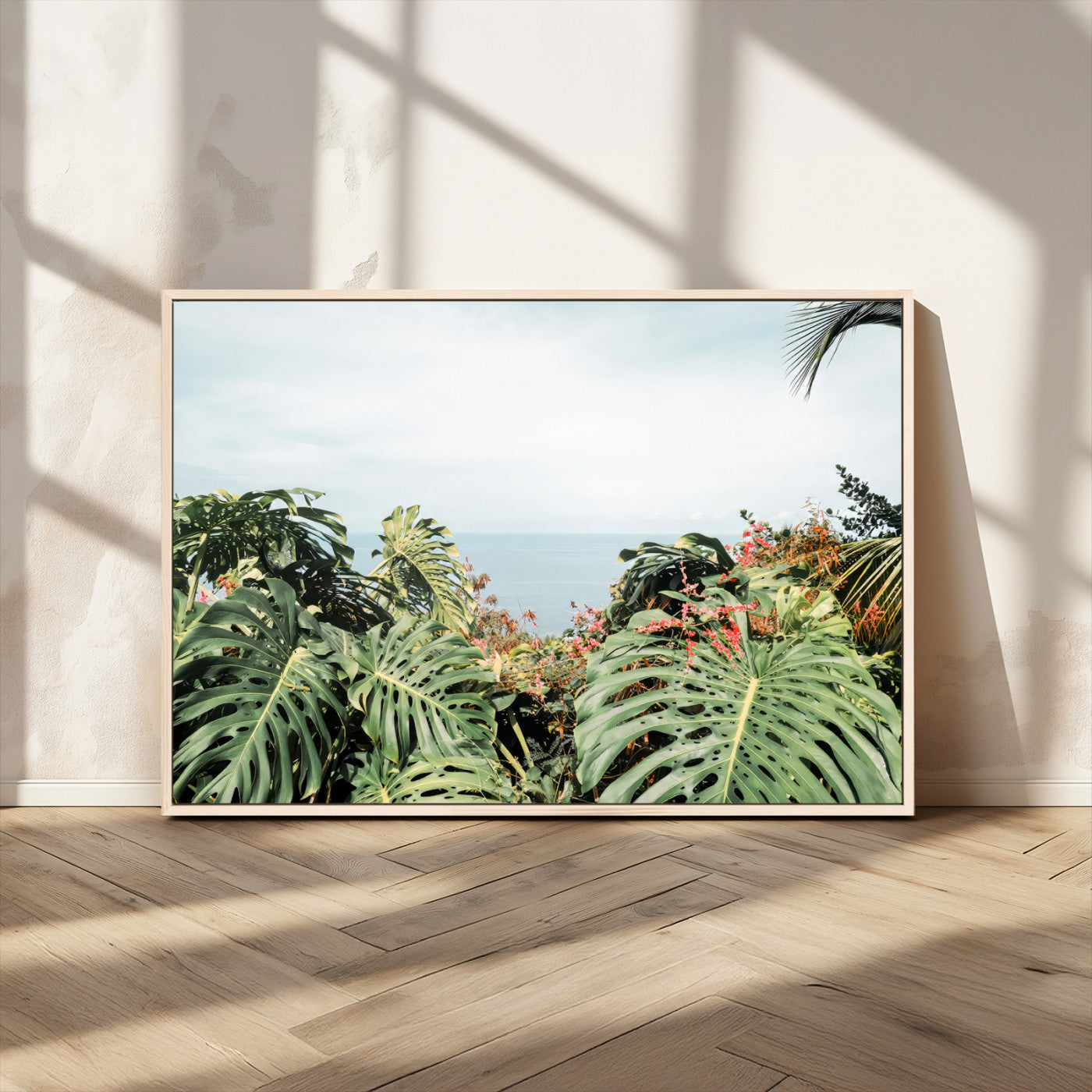 45700479-MGV-CV-36X24 - Tropical Greenery Wall Art – Exotic Leaves & Ocean View Canvas Print, Sunlit Paradise and Vibrant Nature for Living Room or Coastal Decor