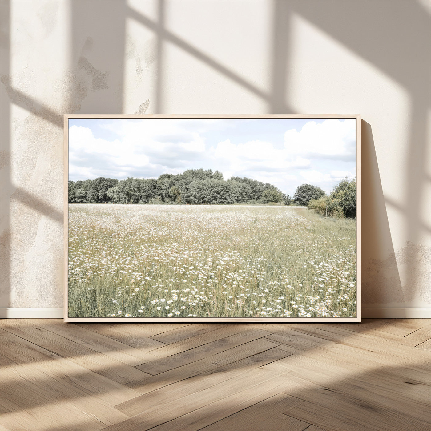43258946-MGV-CV-36X24-Charming Daisy Field Wall Art Canvas Print – Framed Pastel Flower Meadow Bloom Scandinavian Minimal Artwork for Home Office