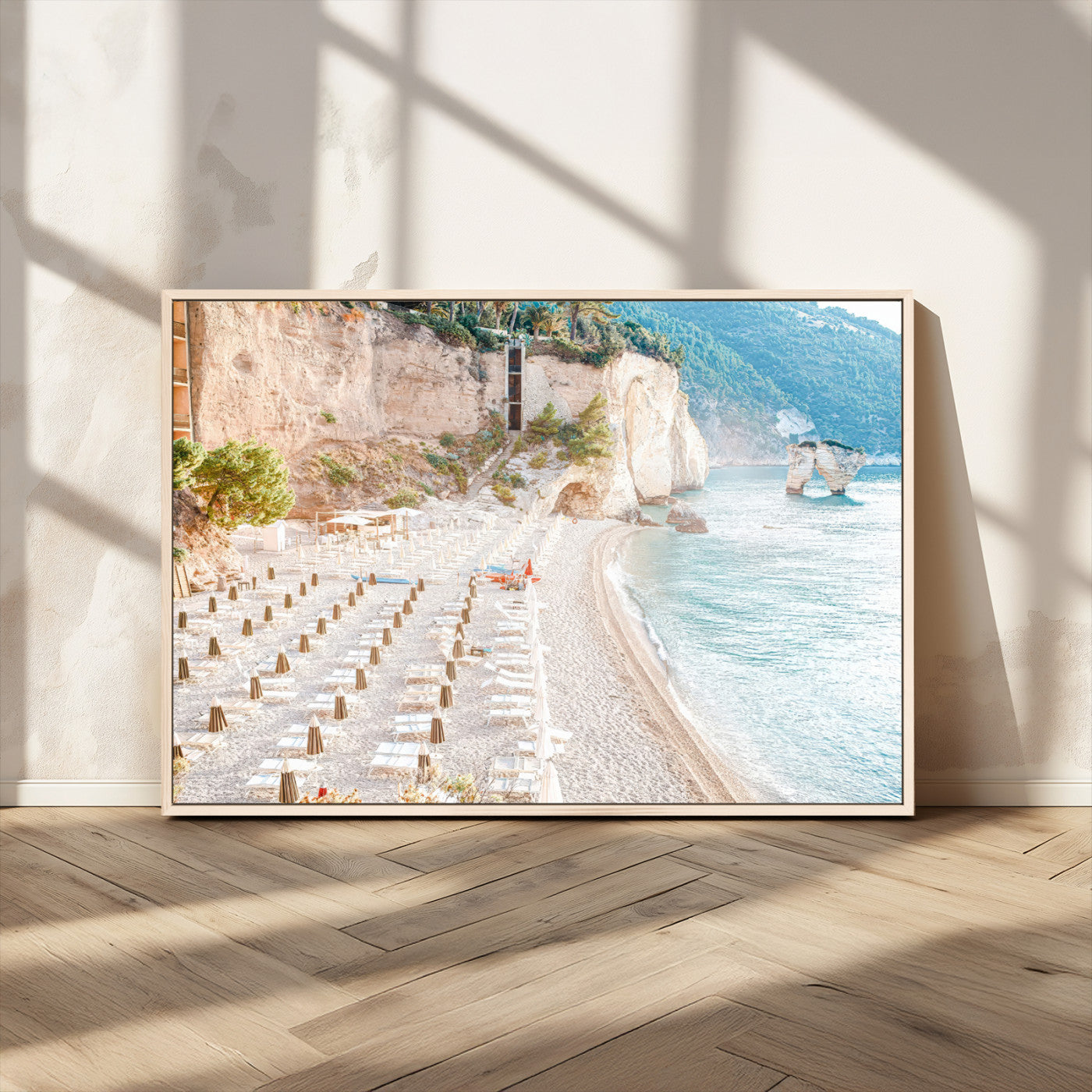 84816639-MGV-CV-36X24 - Sunny Beach Wall Art – Chairs & Umbrellas Canvas Print, Clear Water, Rocky Cliffs, Coastal Calm for Living Room or Vacation Home Decor