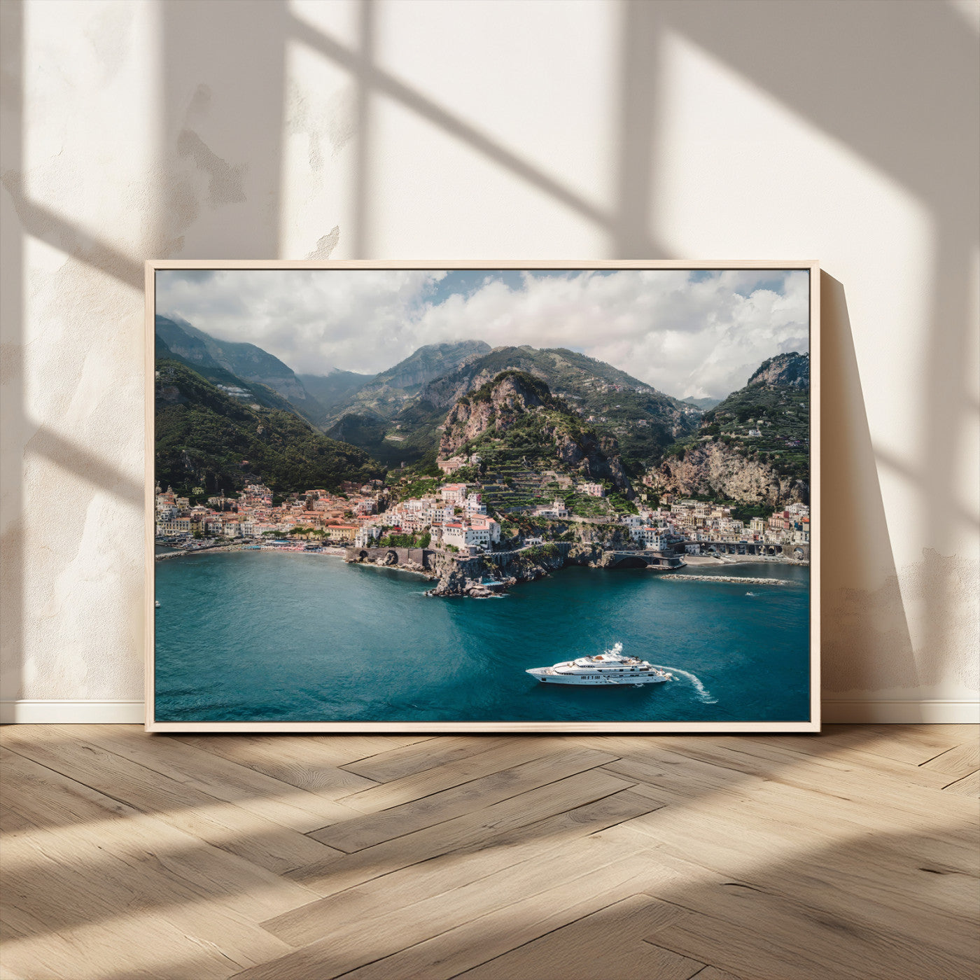 20321590-MGV-CV-36X24-Amalfi Coast Wall Art – Framed Italian Seaside Canvas Artwork, Mediterranean Landscape Design, Coastal Decor for Home, Office