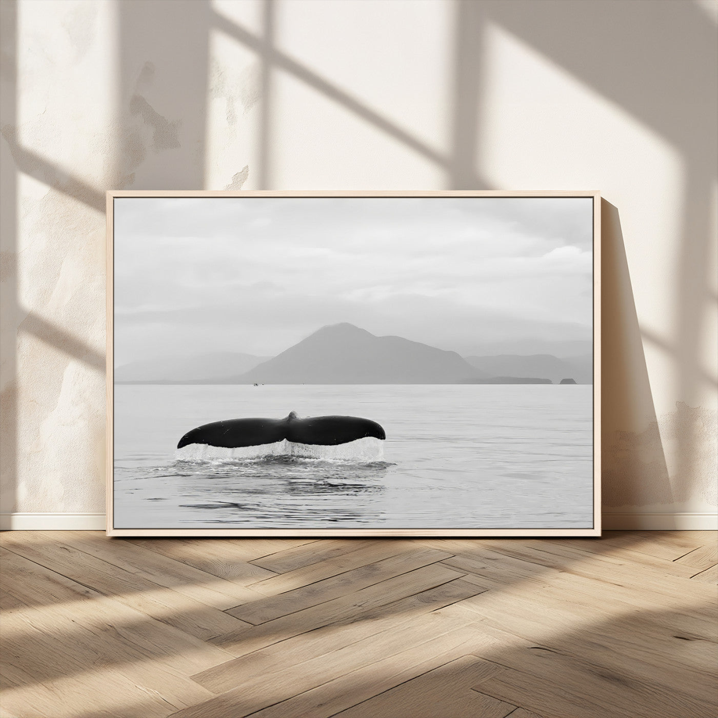 MGV-FC-36X24 - Whale Tail Wall Art Canvas Print, Framed Black White Ocean Art Picture Print, Calm Marine Perfect Minimalist Coastal Decor Artwork