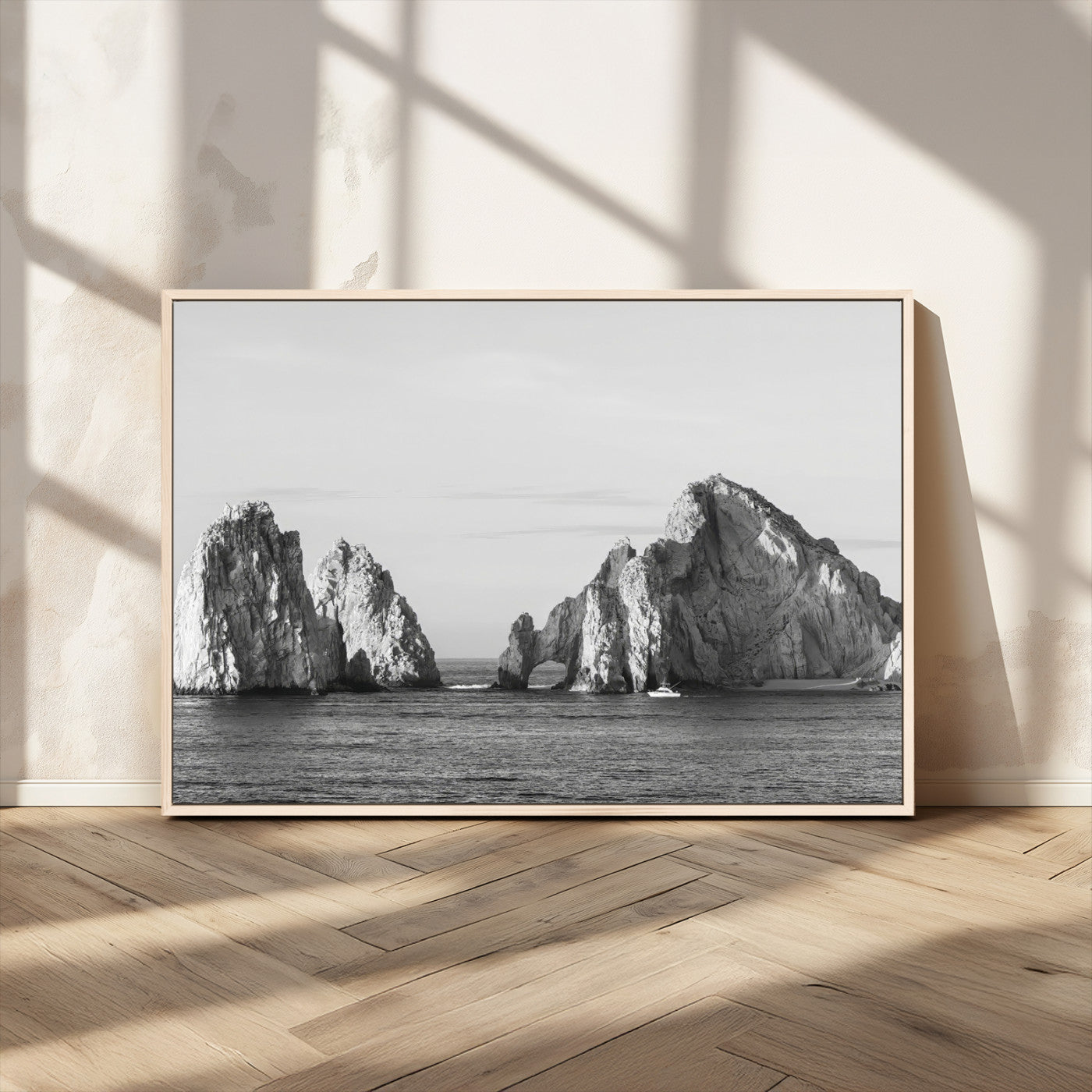 MGV-FC-36X24 - Rugged Coastline Wall Art Canvas Print, Framed Ocean Cliffs Art Picture Print, Monochrome Seascape Perfect Coastal Minimalist Decor Artwork