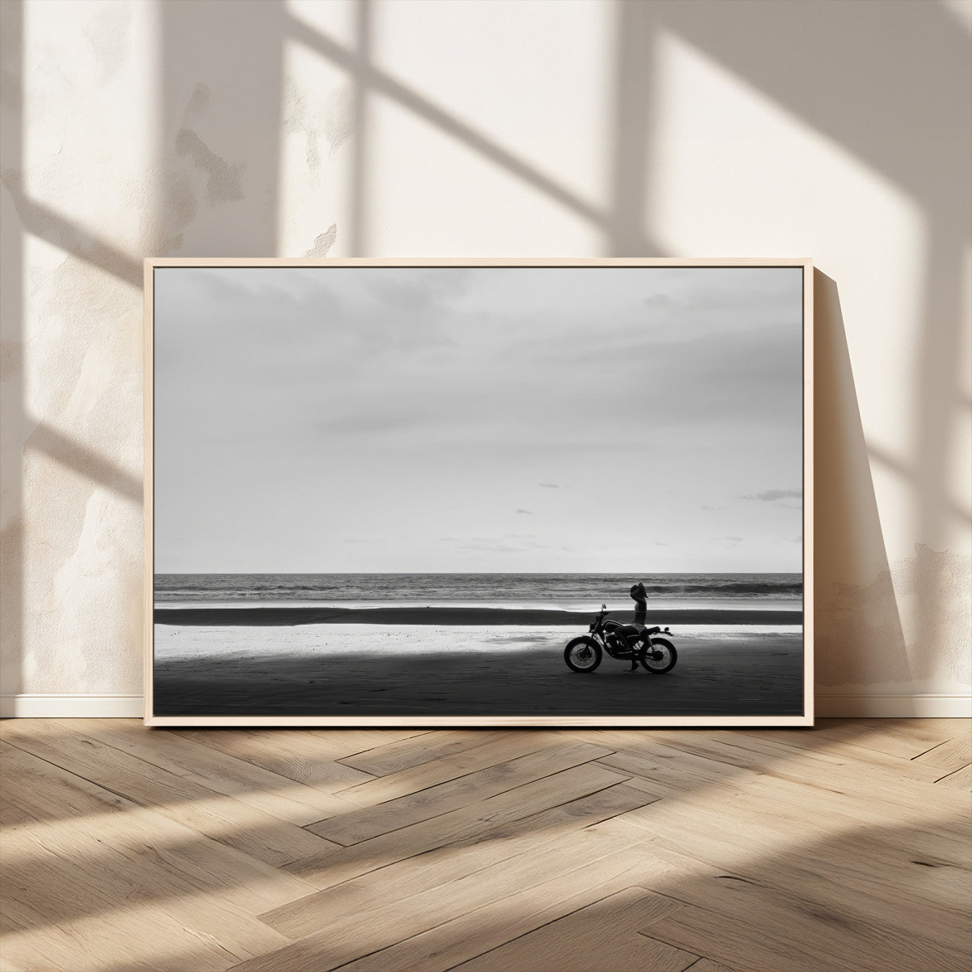 84739358-MGV-CV-36X24-Motorcycle Beach Wall Art Canvas Print – Framed Vintage Motorcycle Scene with Biker Silhouette Artwork for Home, Office