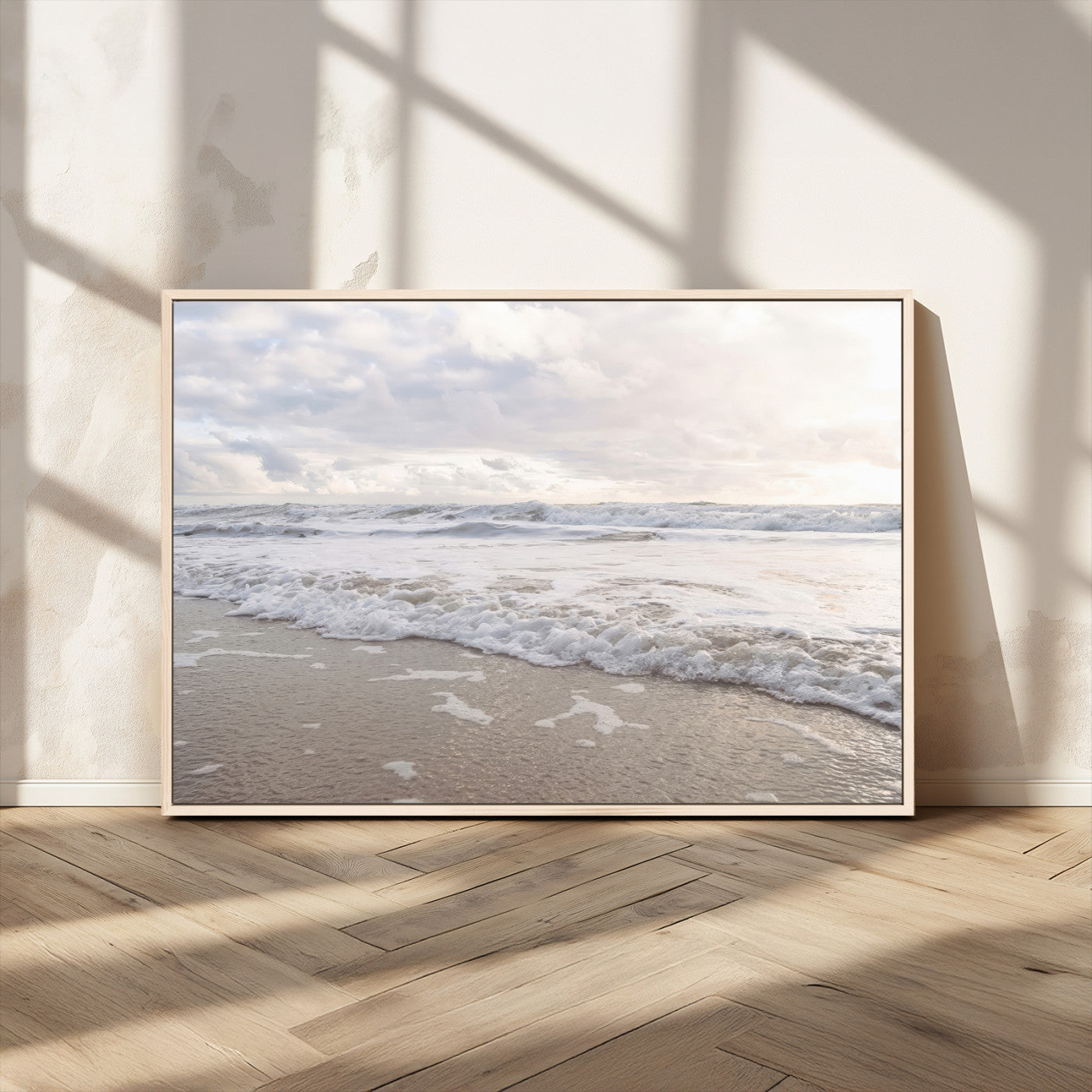70596264-MGV-CV-36X24-Ocean Waves Wall Art Canvas Print – Framed Coastal Shoreline Scene with Sea Foam Artwork for Home, Office