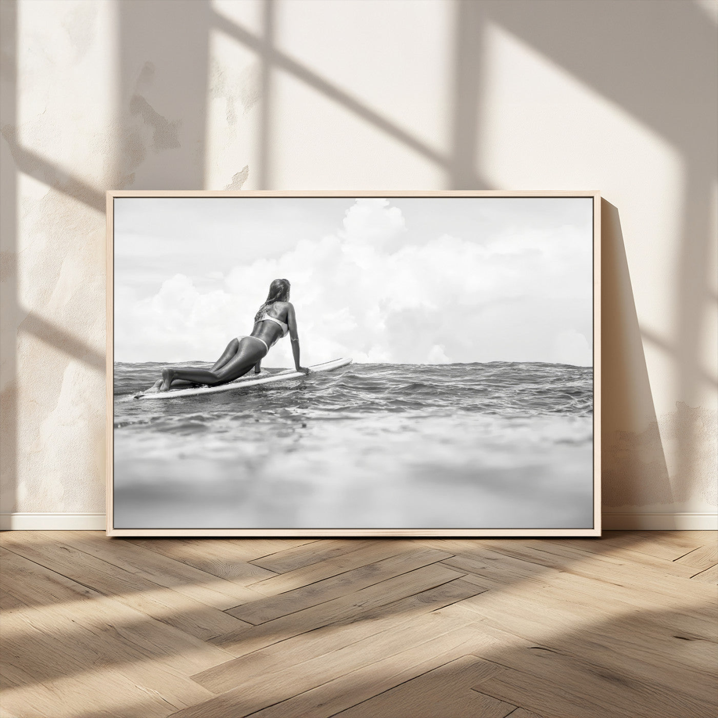 69798068-MGV-CV-36X24-Black and White Surfing Wall Art Canvas Print – Framed Ocean Horizon with Surfer Girl Coastal Adventure Artwork for Home, Office