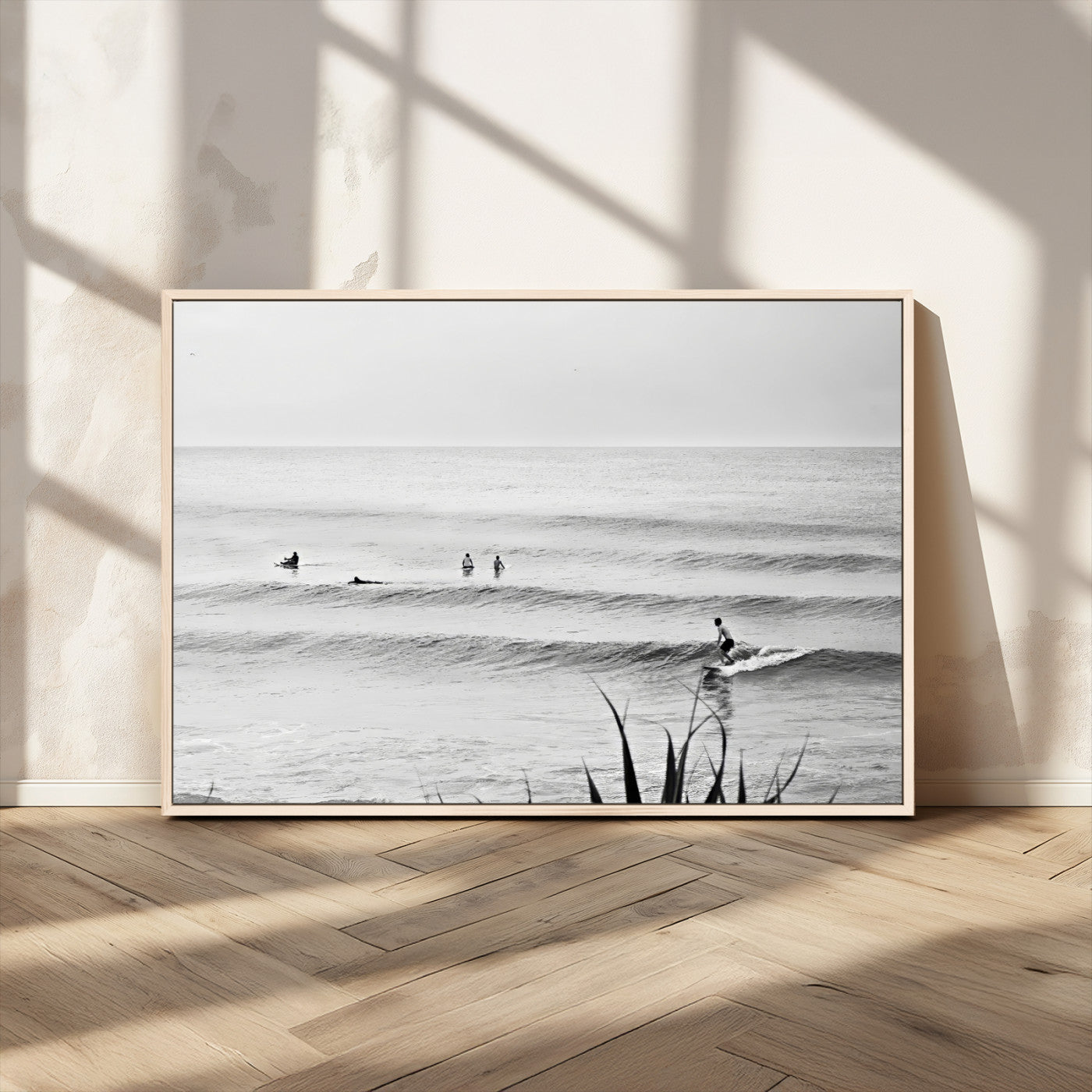 33821421-MGV-CV-36X24-Surfer Silhouette Wall Art – Framed Calm Ocean Canvas Artwork, Monochrome Minimal Design, Modern Coastal Decor for Home, Office