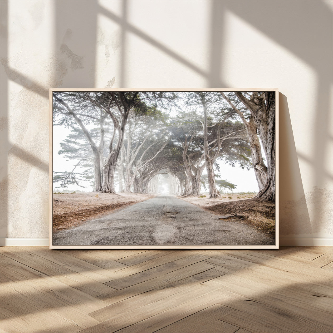 87090469-MGV-CV-36X24-Cypress Tunnel Wall Art – Framed Misty Road Canvas Artwork, Foggy Trees Design, Rustic Woodland Nature Decor for Home, Office