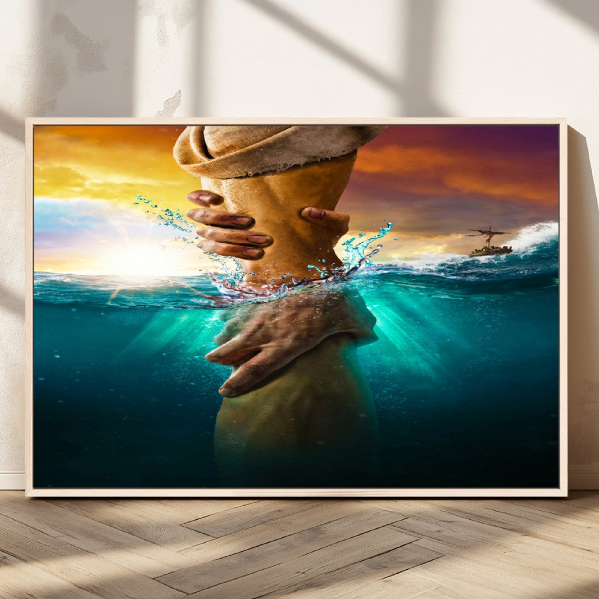 A dramatic scene of a hand reaching underwater and being lifted, symbolizing rescue and faith, ideal for spiritual or Christian wall decor.