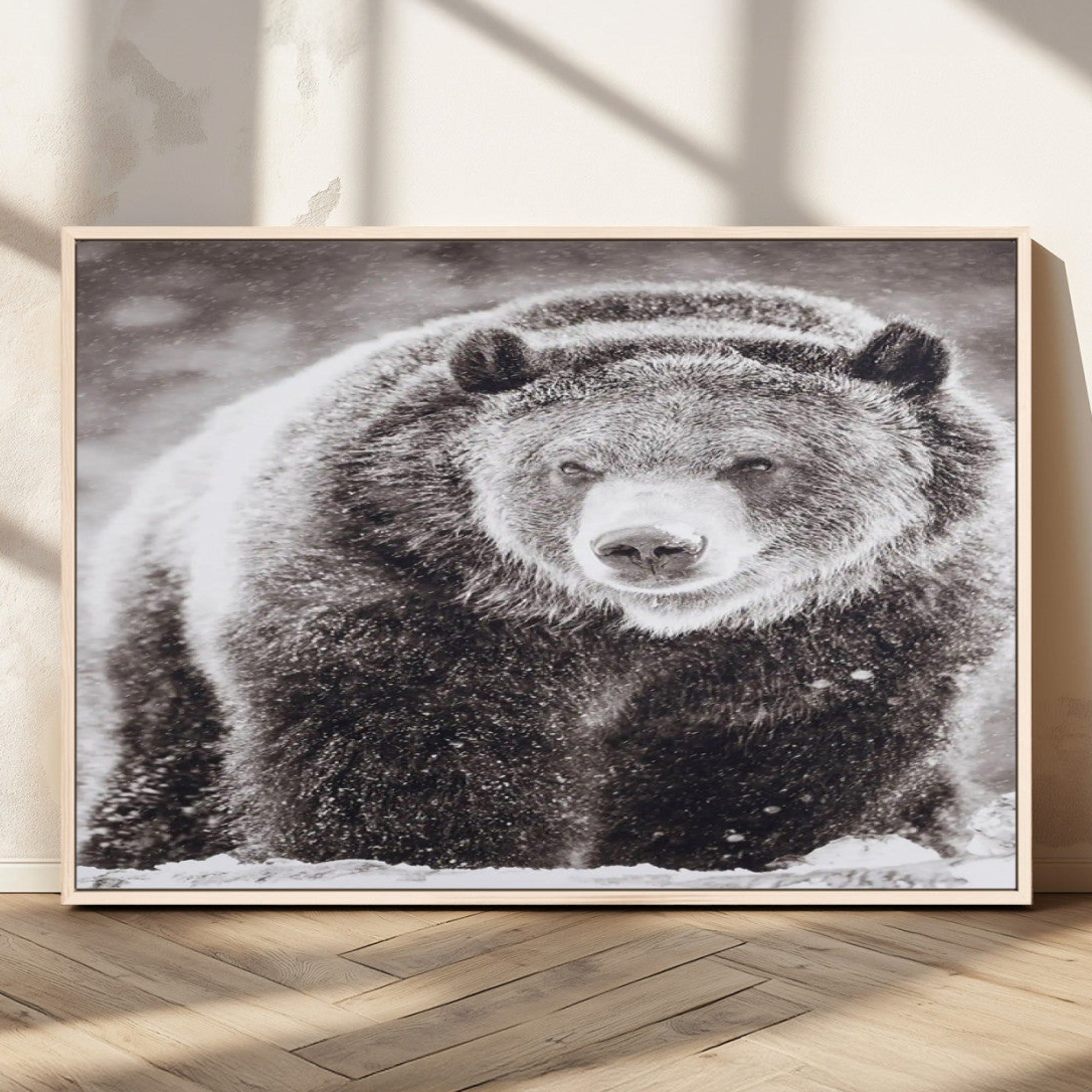 Snow-covered grizzly bear in black and white, ideal for rustic lodge, cabin or wildlife-themed home wall decor.