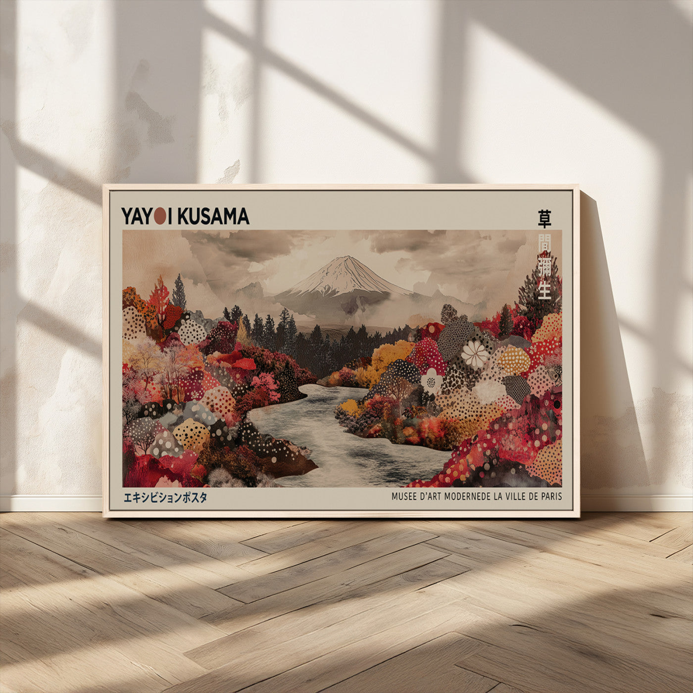 90660838-MGV-CV-36X24-Modern Japanese Wall Art Canvas Print – Framed Abstract Mount Fuji Scene with Yayoi Kusama Artwork for Home, Office