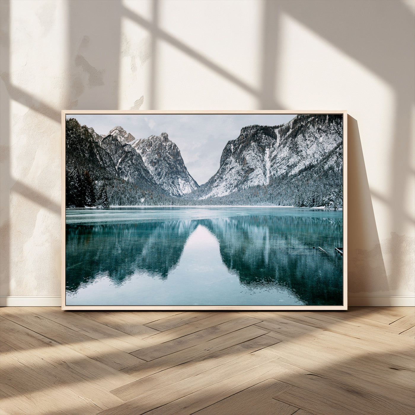 73098373-MGV-CV-36X24-Mountain Lake Wall Art Canvas Print – Framed Snowy Peaks Wonderland Nature Scene Artwork for Home Office