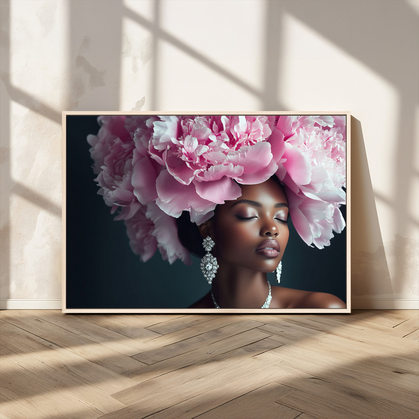 35482880-MGV-FC-36X24_Natural-Black Beauty Petal Crown Wall Art Canvas Print – Floral Petal Headpiece Elegant Design, Petal Inspired Artwork for Home, Office