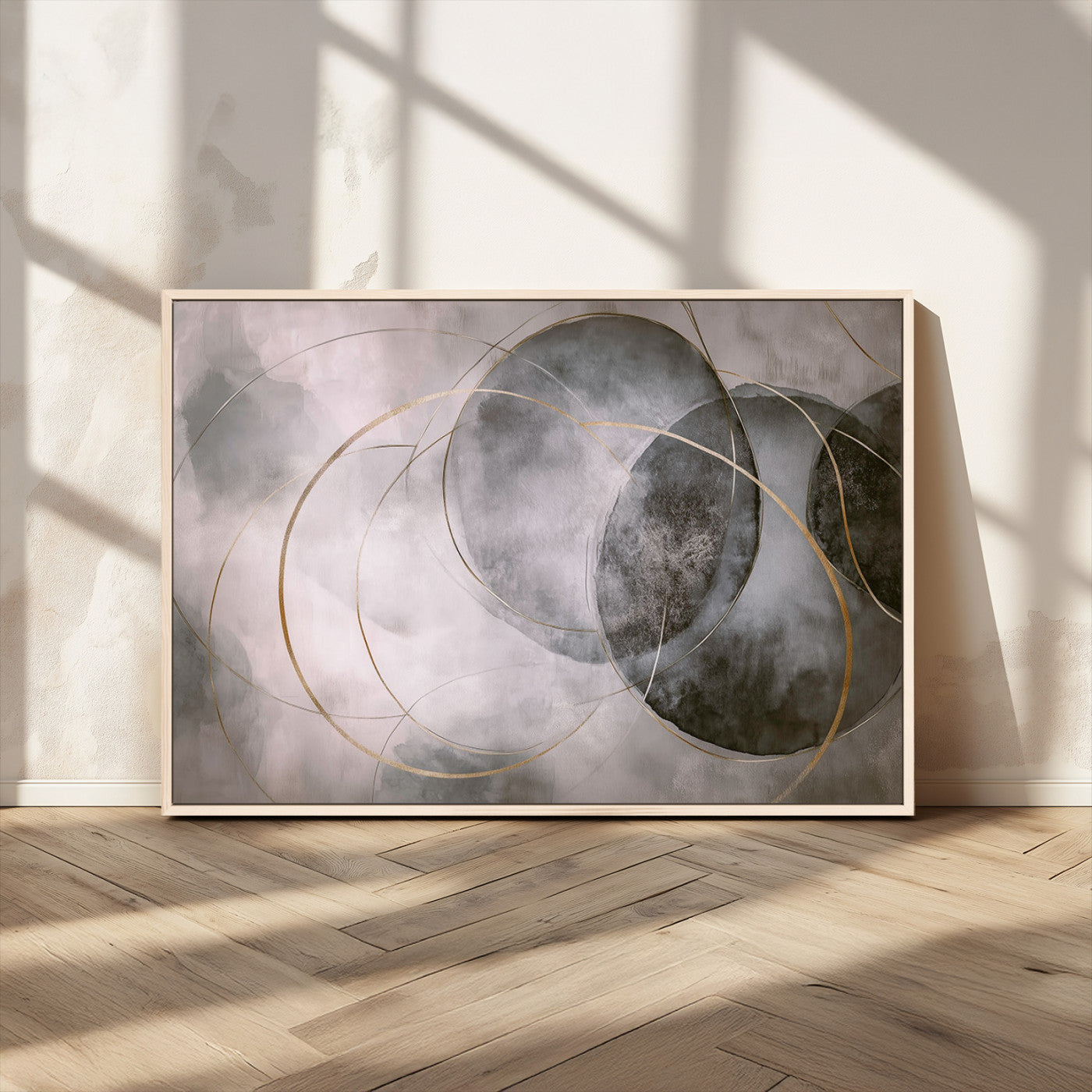 20066876-MGV-CV-36X24-Abstract Grey Gold Circle Wall Art – Modern Geometric Canvas Artwork, Minimal Elegant Design, Luxury Wall Decor for Home, Office