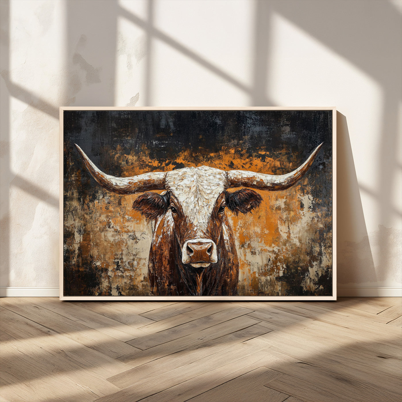 25265572-MGV-FC-36X24_Natural-Rustic Longhorn Bull Wall Art Canvas Print – Vintage Western Cattle Scene, Texas Steer Artwork for Home, Office