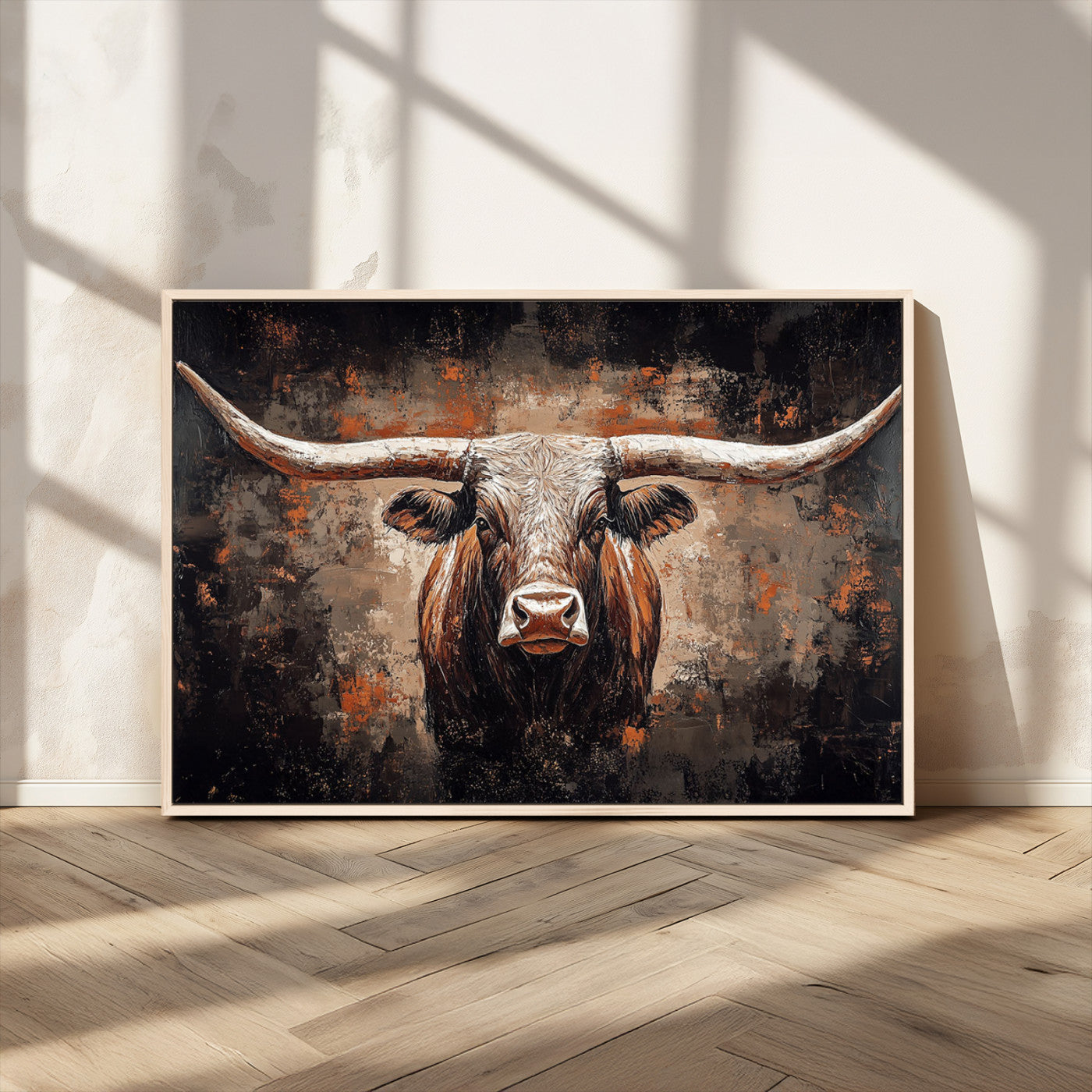 24779067-MGV-CV-36X24-Rustic Longhorn Bull Wall Art Canvas Print – Vintage Western Cattle Scene, Texas Steer Artwork for Home, Office